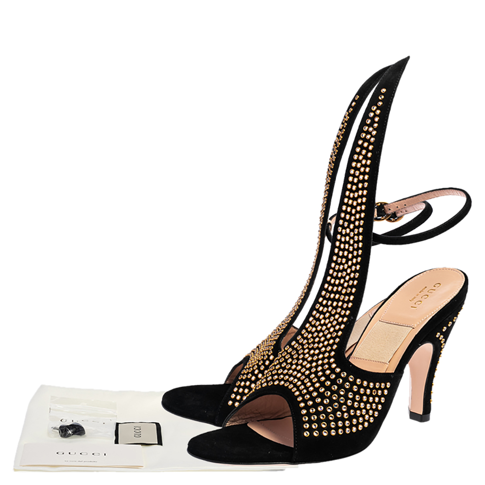 Gucci Black Suede Crystal Embellished Cone Heel Ankle Strap Sandals Size 37