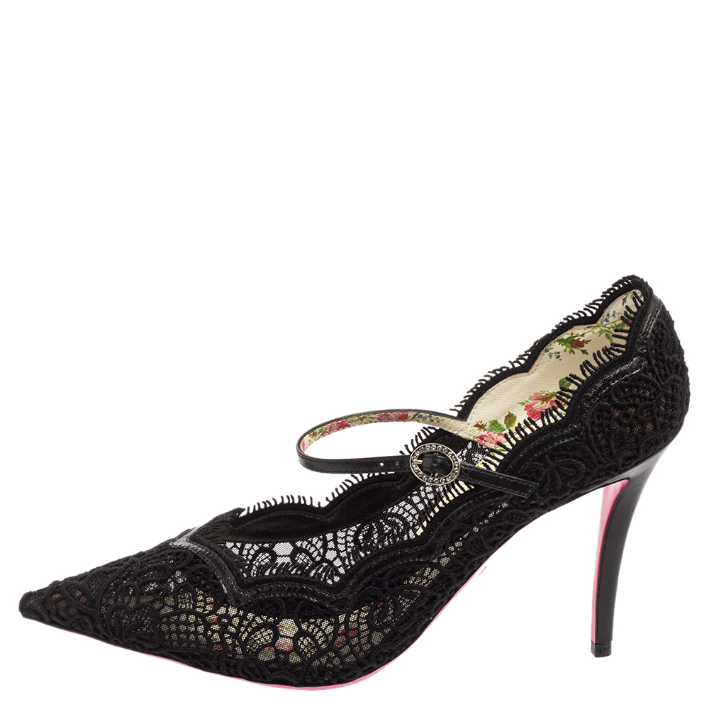 

Gucci Black Lace and Leather Virginia Mary Jane Pumps Size