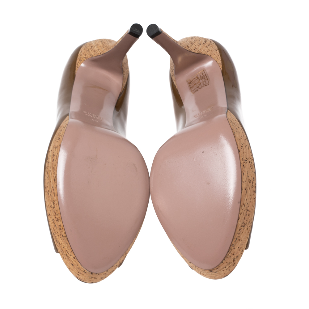 Gucci Brown Patent Leather Peep-Toe Cork Platform Pumps Size 38
