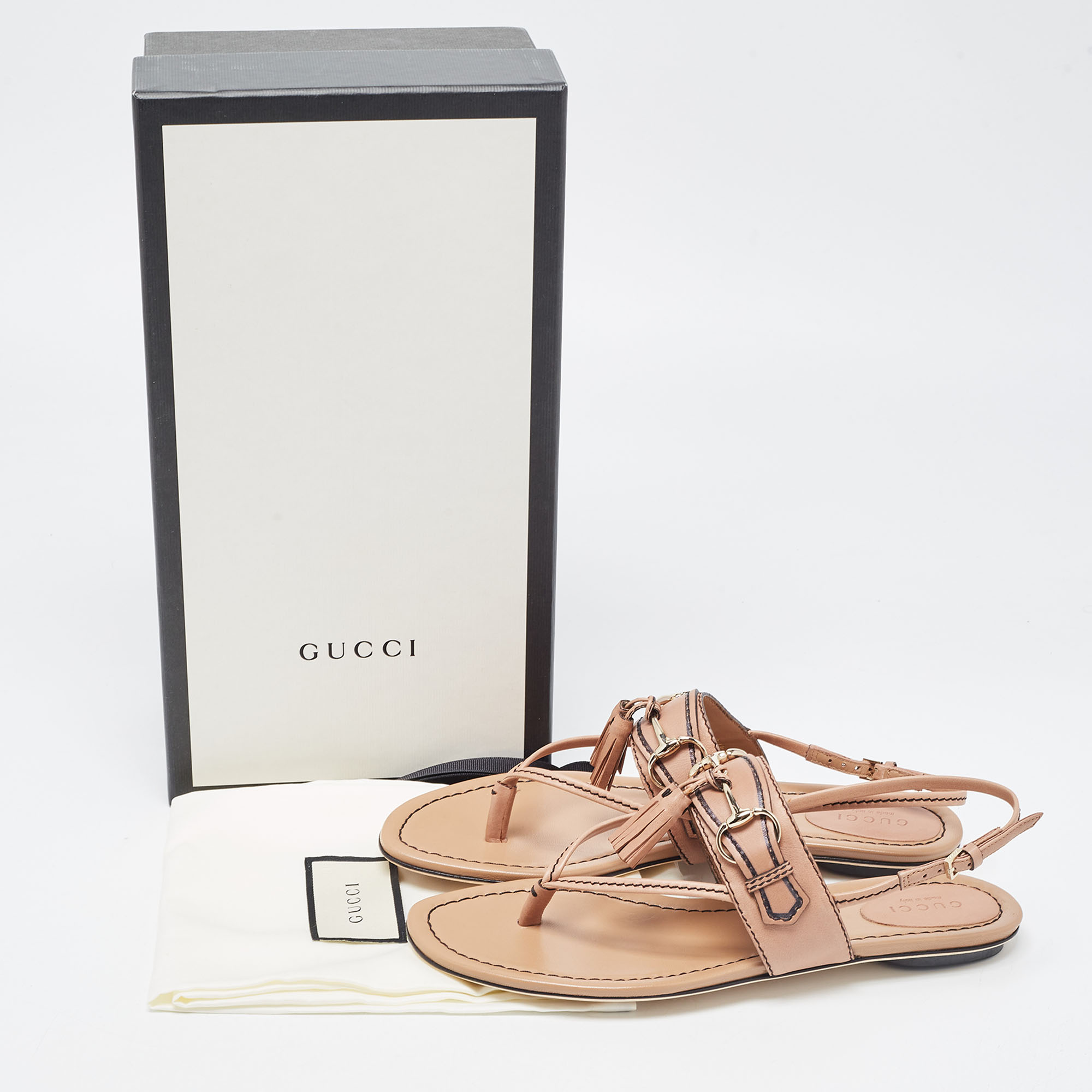 Gucci Brown Leather T-Strap Flat Sandals Size 37.5