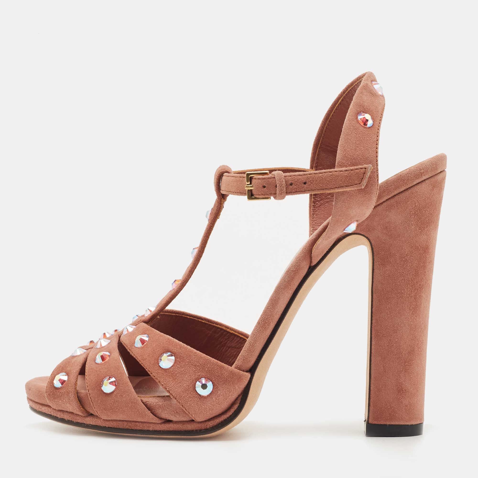 Gucci Pink Suede Studded Ankle Strap Sandals Size 36