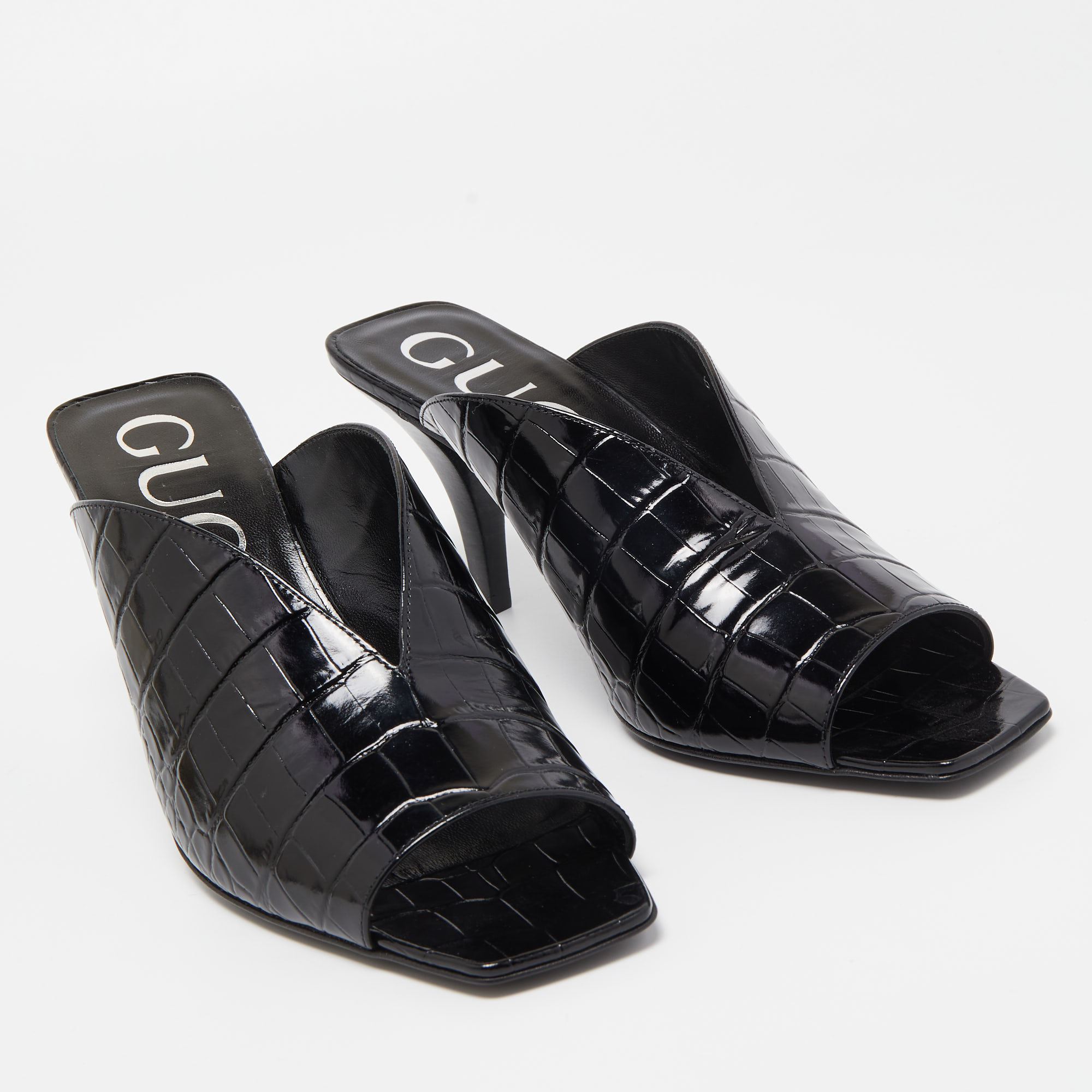 Gucci Black Croc Leather Open Toe Slide Mules Size 37.5