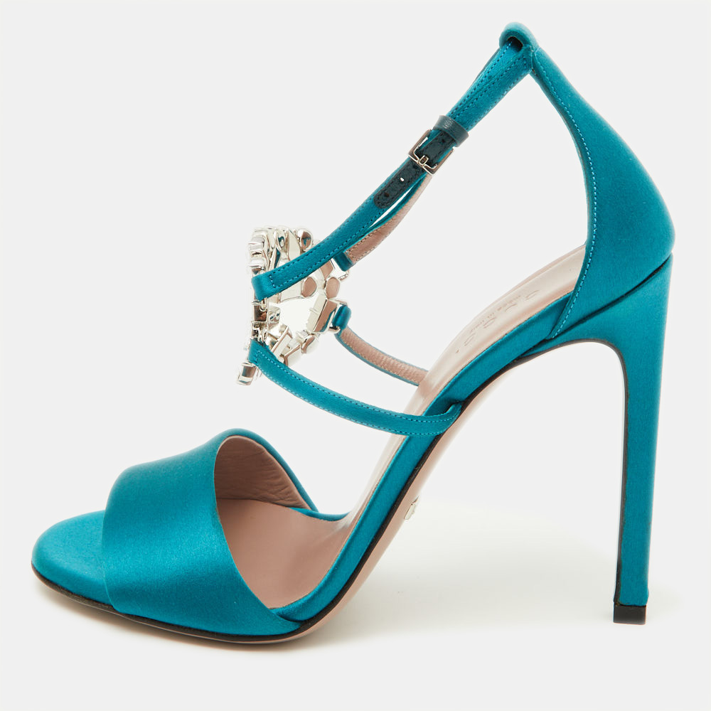 Gucci teal satin crystal embellished interlocking g ankle strap sandals size 36