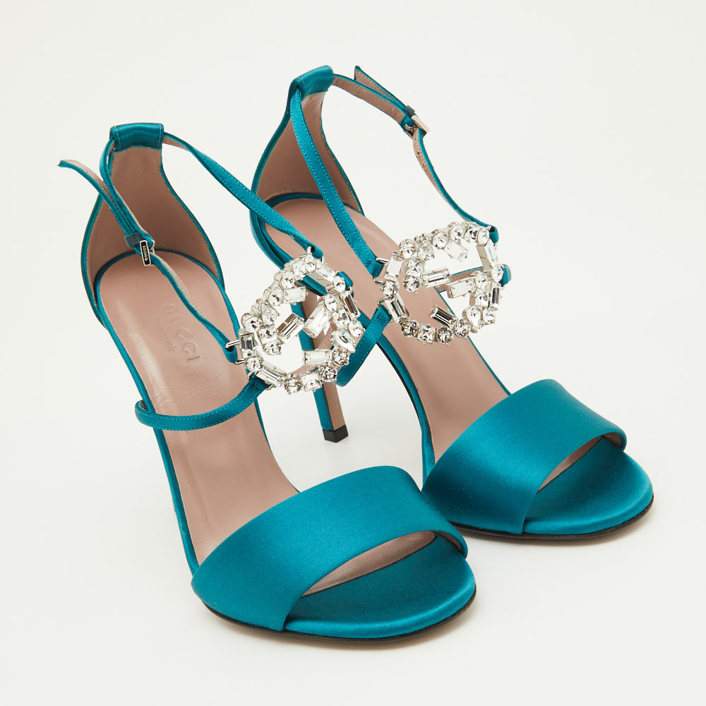 Gucci Teal Satin Crystal Embellished Interlocking G Ankle Strap Sandals Size 36