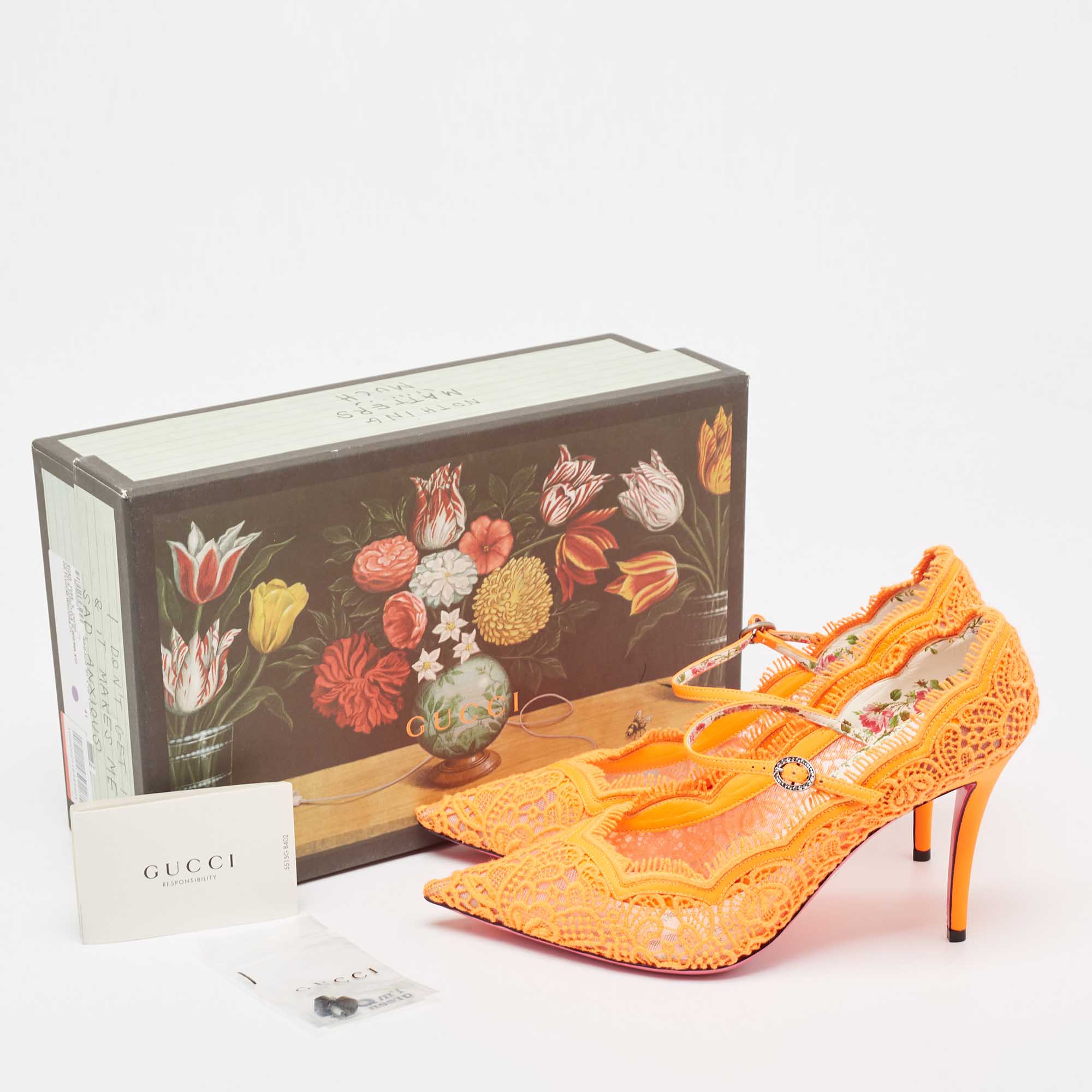 Gucci Neon Orange Mesh And Lace Virginia Mary Jane Pumps Size 41