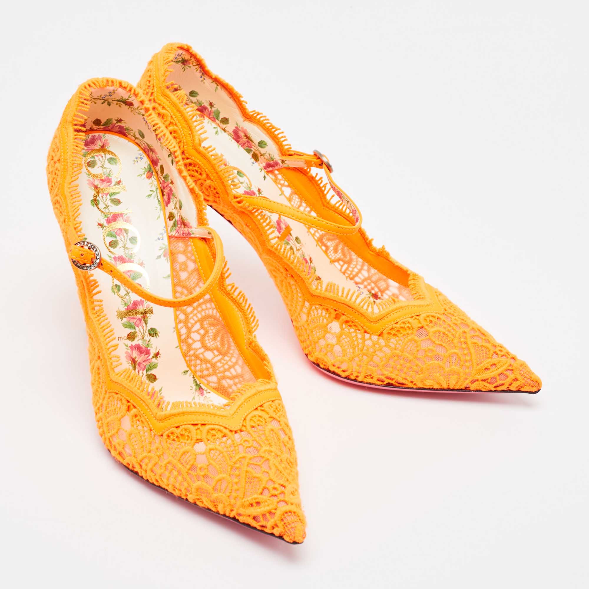 Gucci Neon Orange Mesh And Lace Virginia Mary Jane Pumps Size 41