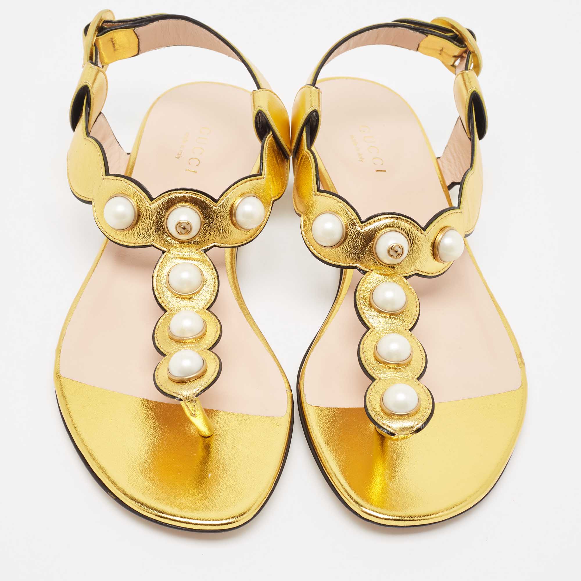 Gucci Gold Scalloped Leather Faux Pearl Embellished Thong Flat Sandals Size 38