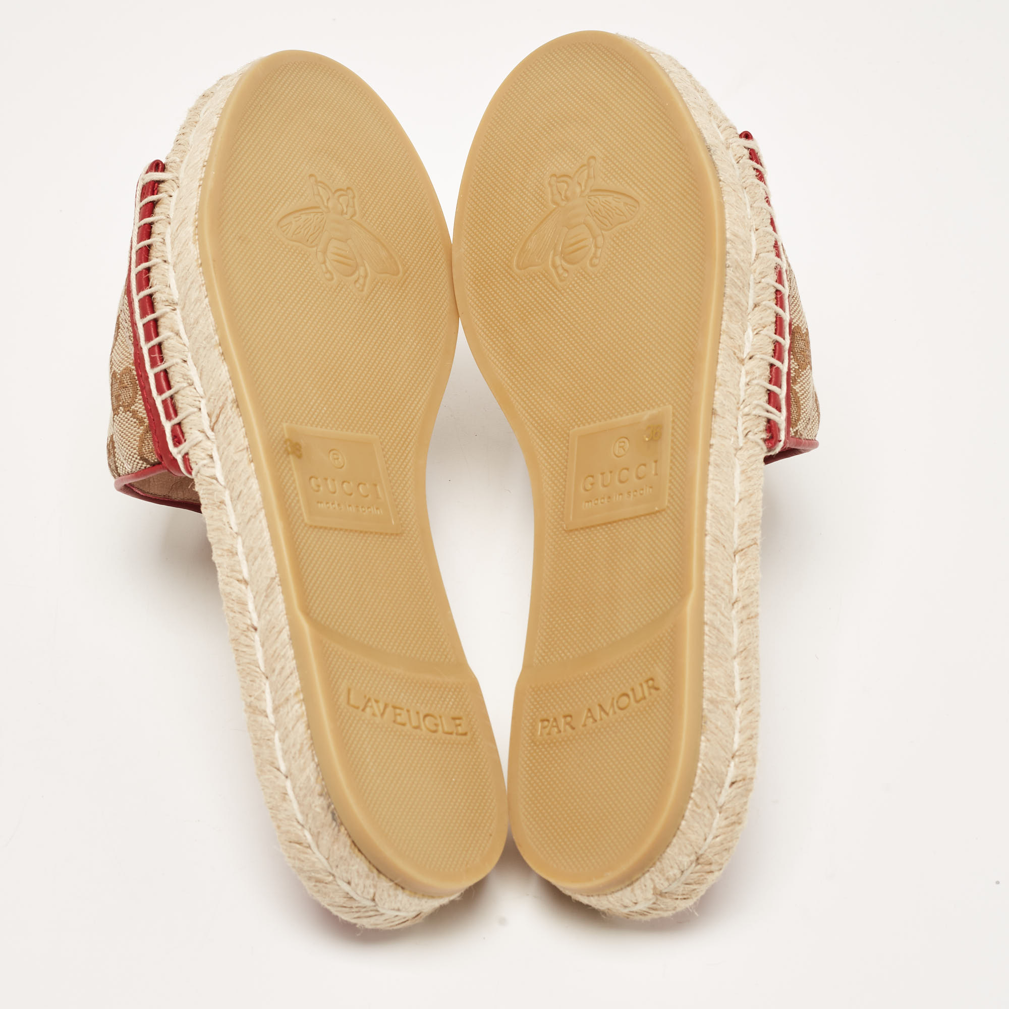 Gucci Beige/Red GG Canvas And Leather Double G Flat Slides Size 36
