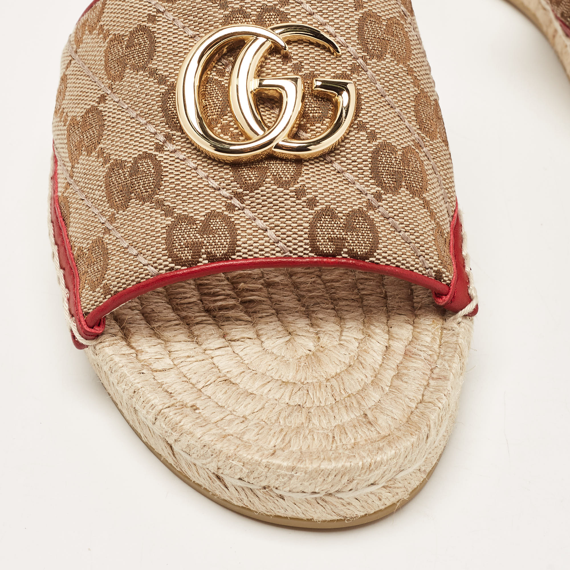 Gucci Beige/Red GG Canvas And Leather Double G Flat Slides Size 36