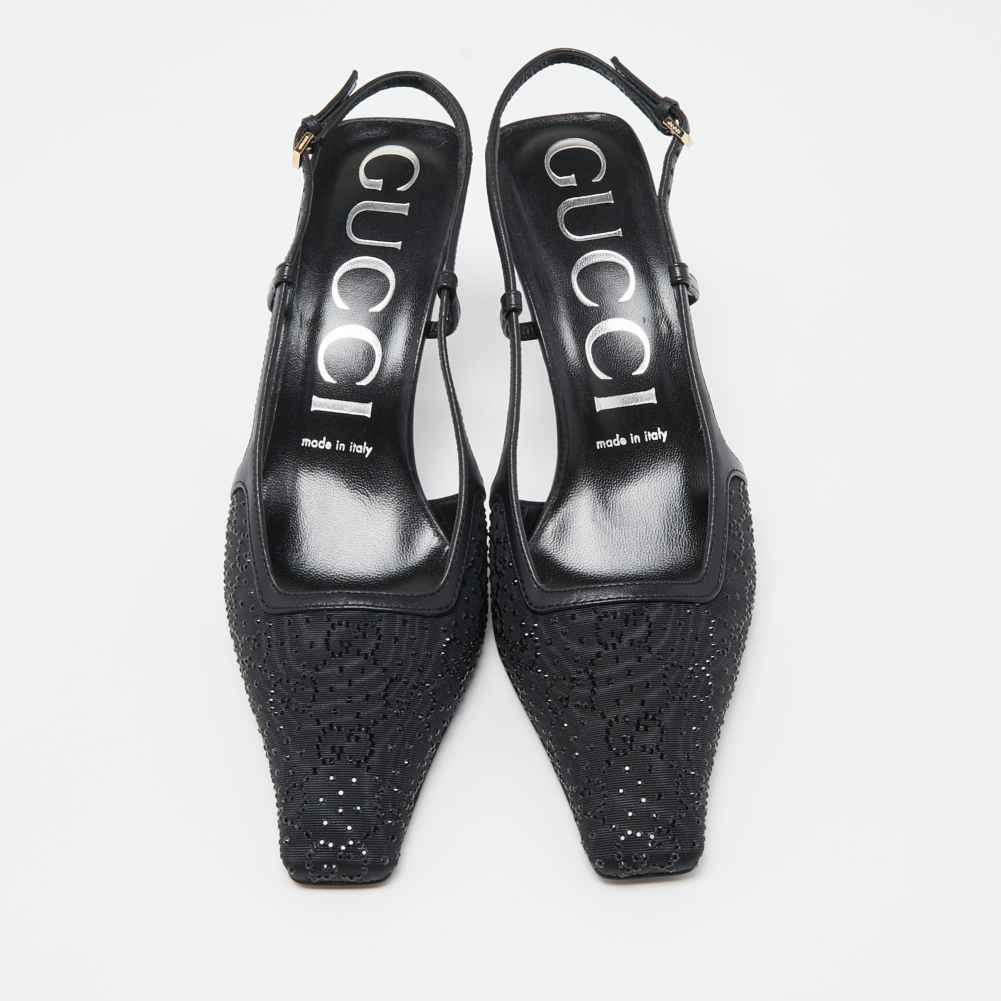 Gucci Black Fabric And Leather Malaga Kid Crystals Slingback Pumps Size 38