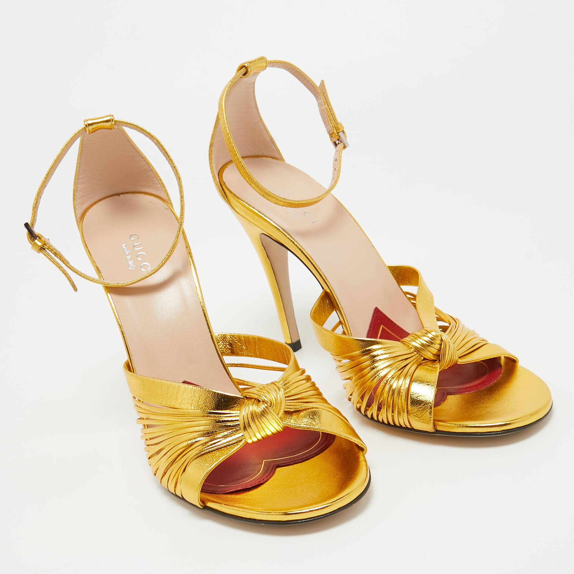 Gucci Metallic Gold Leather Allie Ankle Strap Sandals Size 38.5
