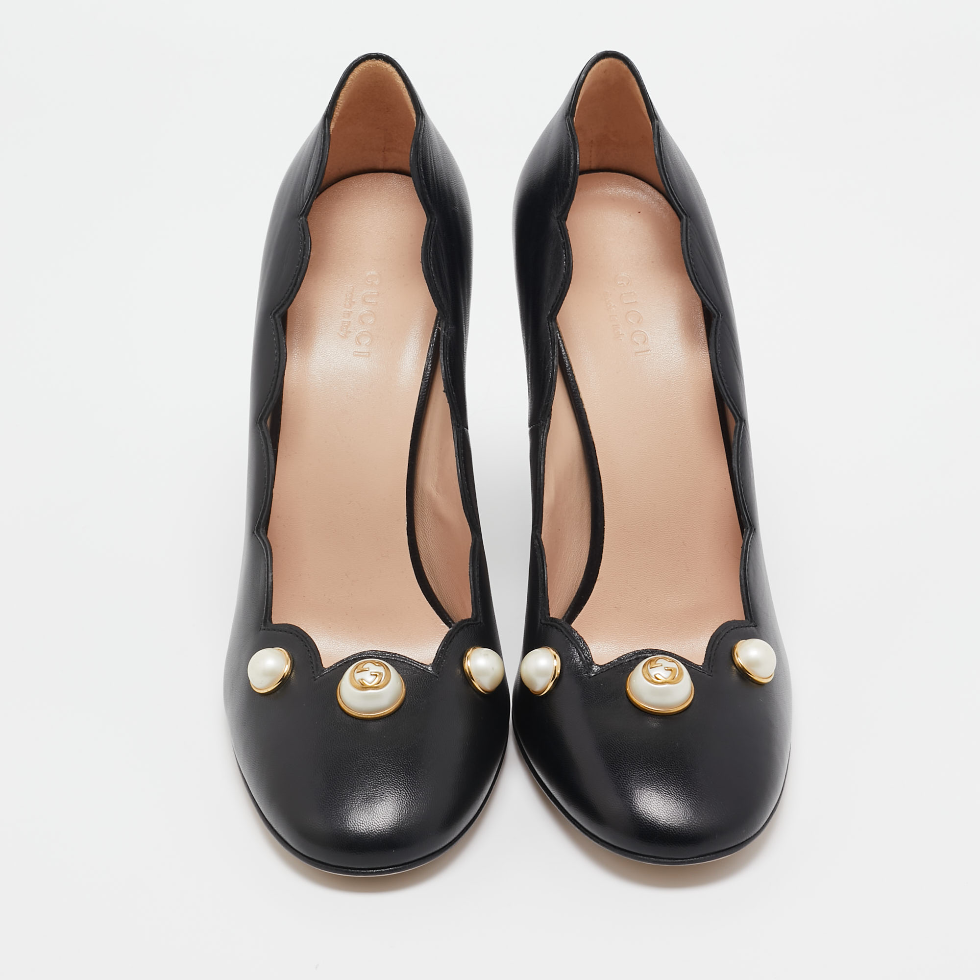 Gucci Black Leather GG Pearl Detail Pumps Size 39.5