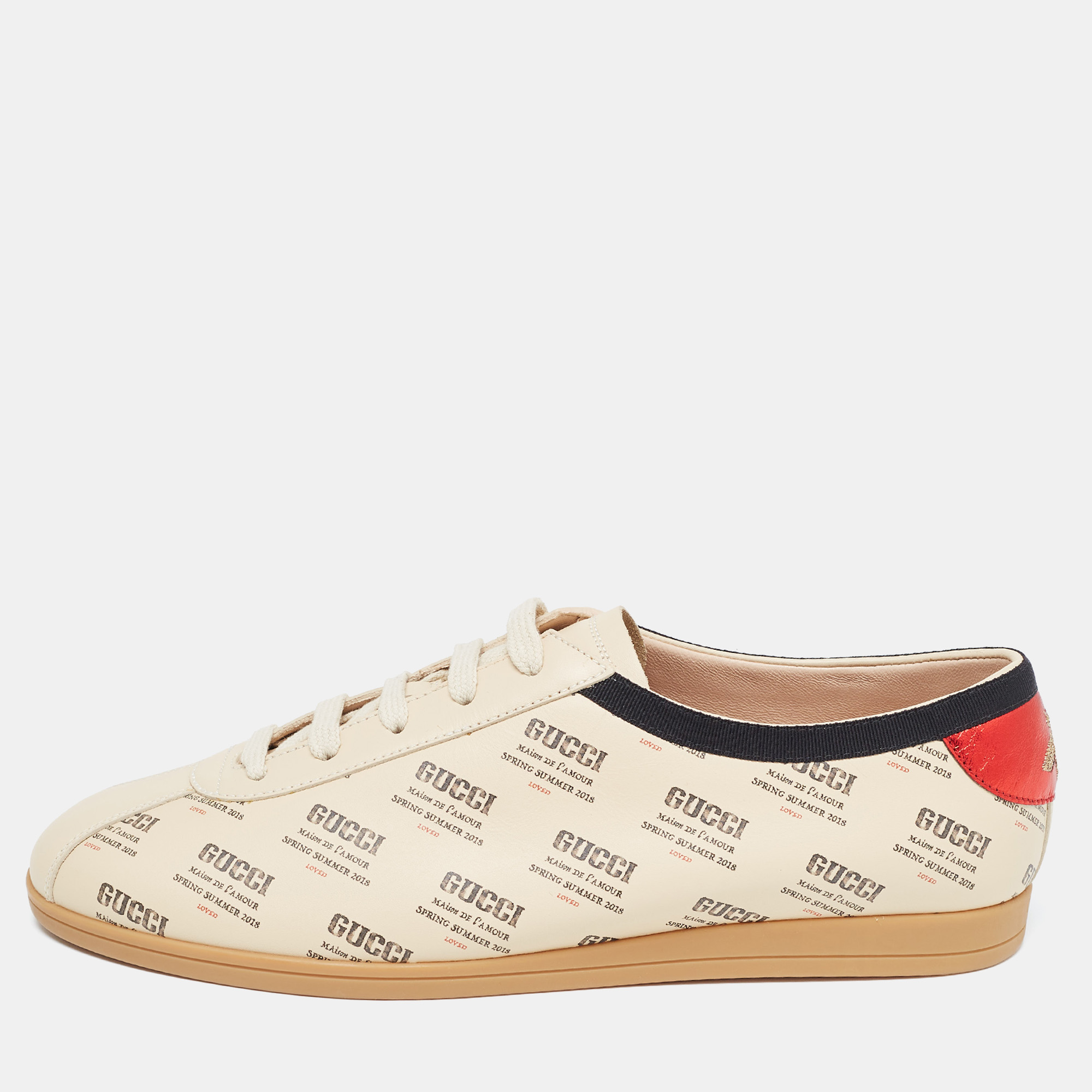 Gucci Beige Invite Print Leather Falacer Sneakers Size 40