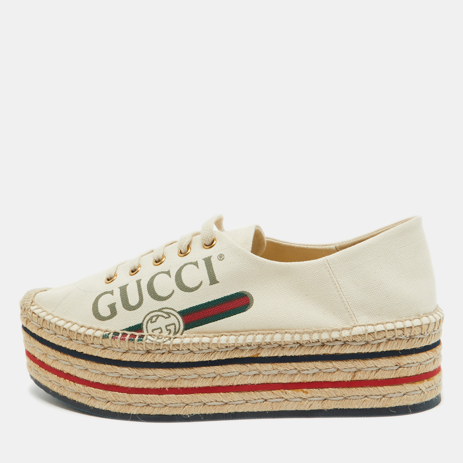 Gucci Cream Canvas Logo Print Espadrille Platform Sneakers Size 41