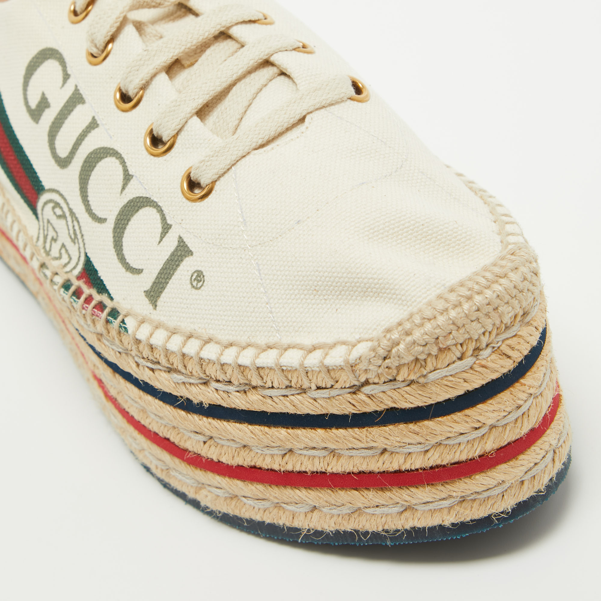 Gucci Cream Canvas Logo Print Espadrille Platform Sneakers Size 41