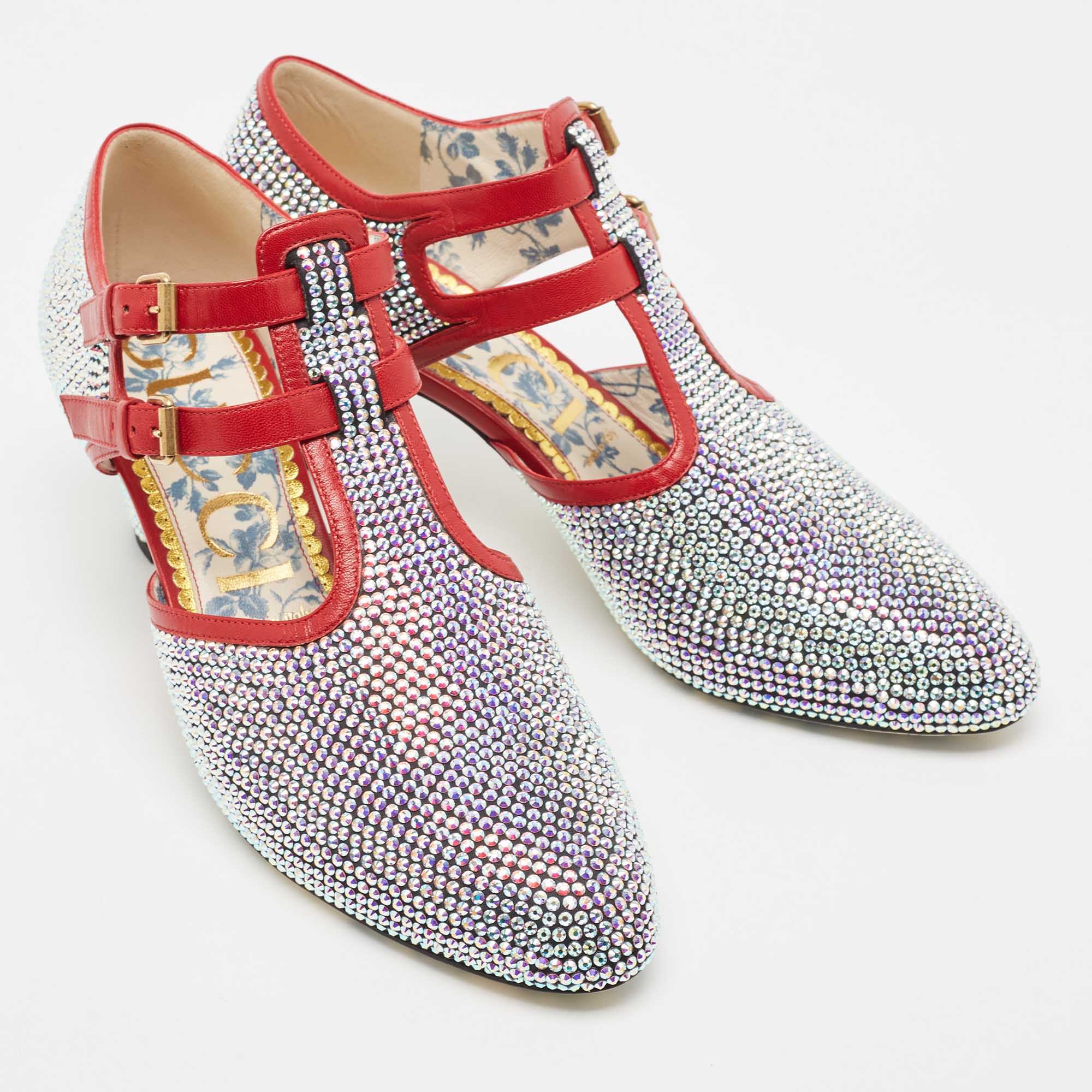 Gucci Metallic/Red Crystal Embellished Fabric And Leather T-Bar Pumps Size 40.5