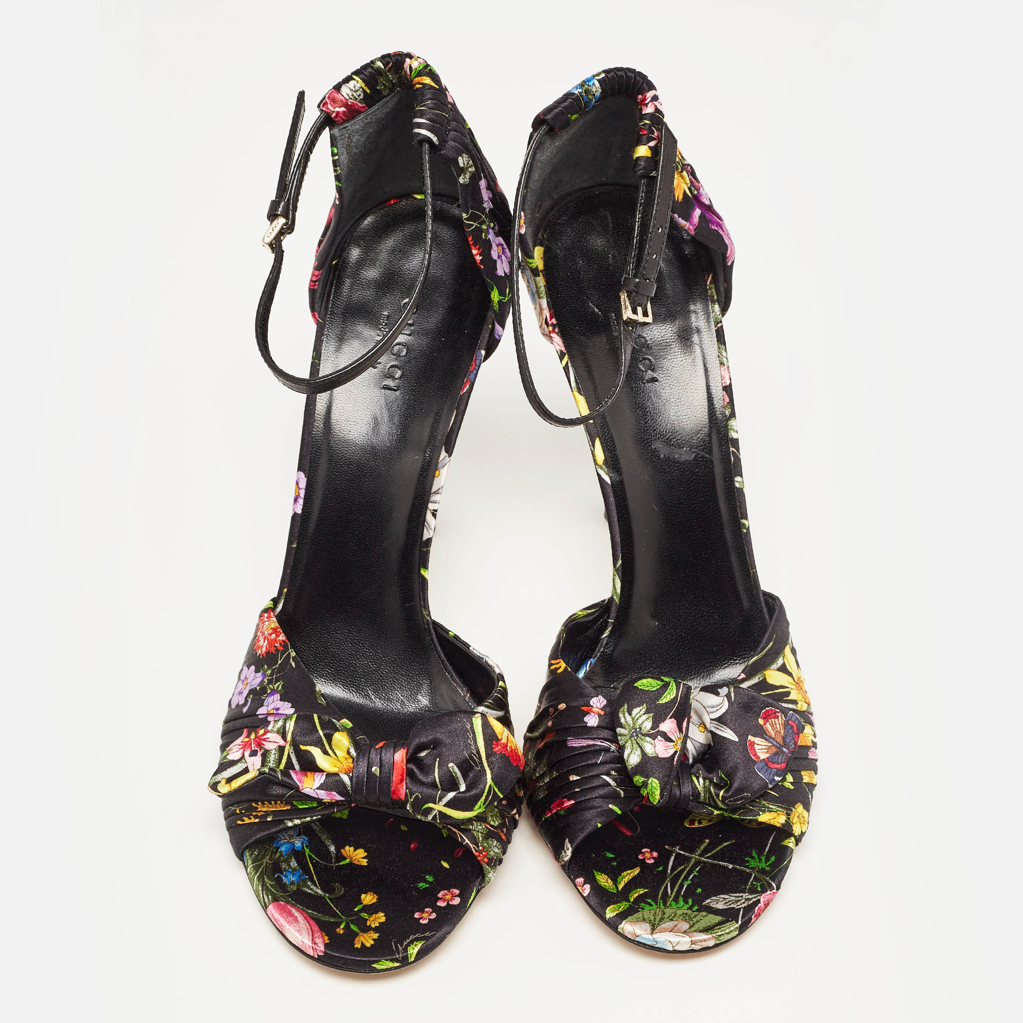 Gucci Black Floral Print Pleated Satin Bow Ankle Strap Sandals Size 39