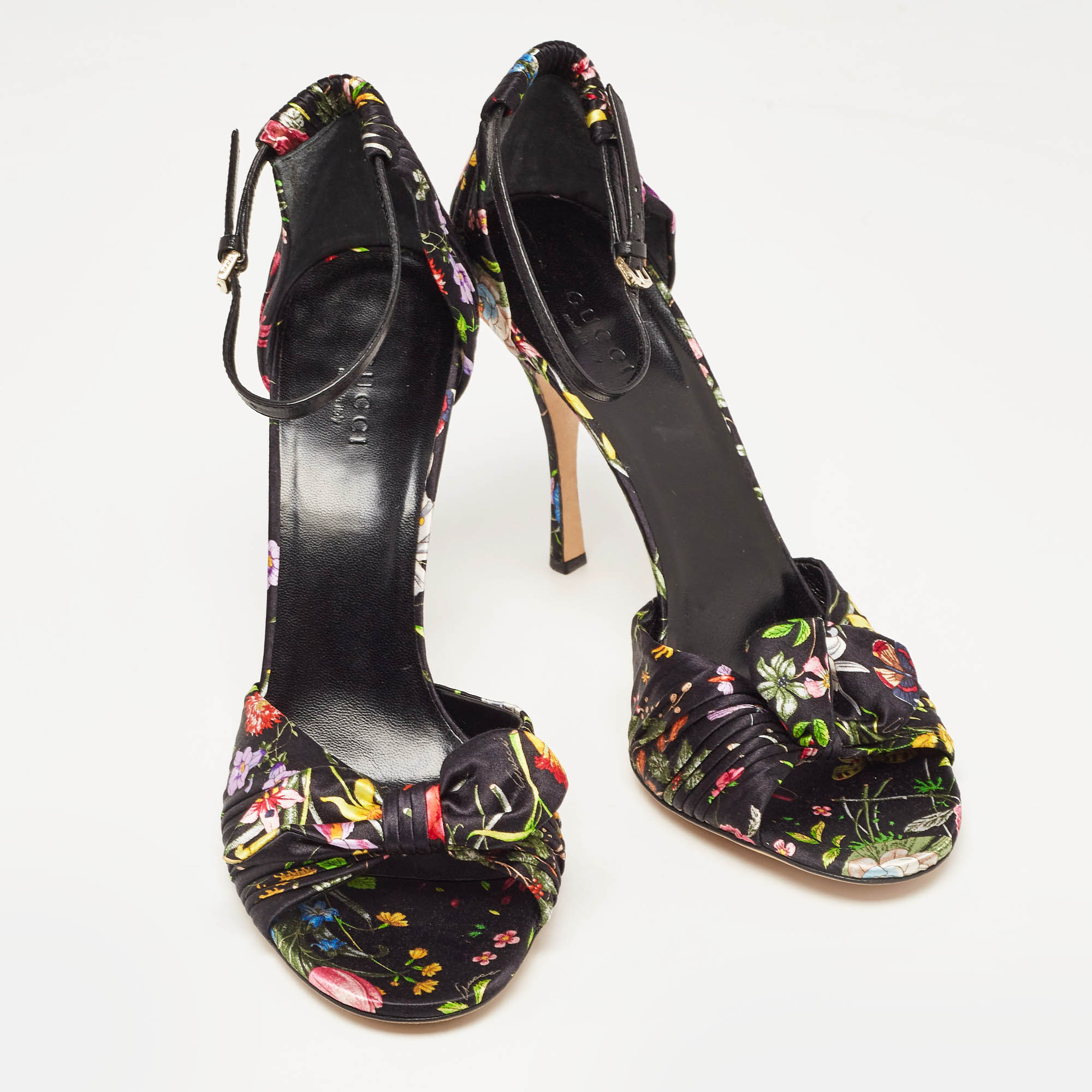 Gucci Black Floral Print Pleated Satin Bow Ankle Strap Sandals Size 39