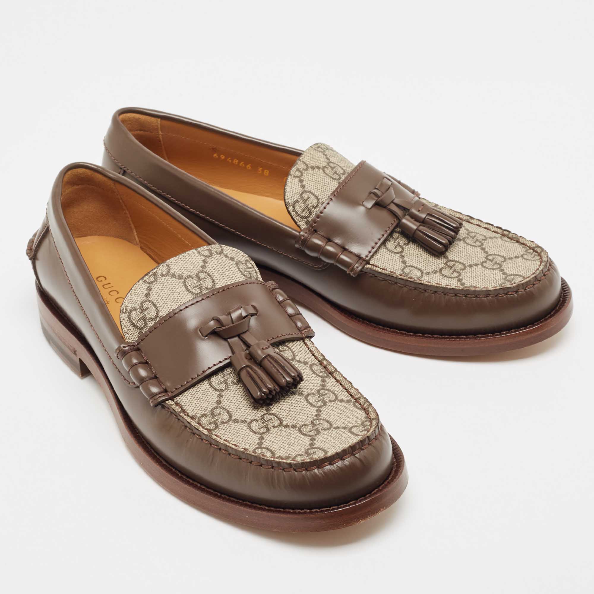 Gucci Beige/Brown GG Supreme Canvas And Leather Tassel Loafers Size 38
