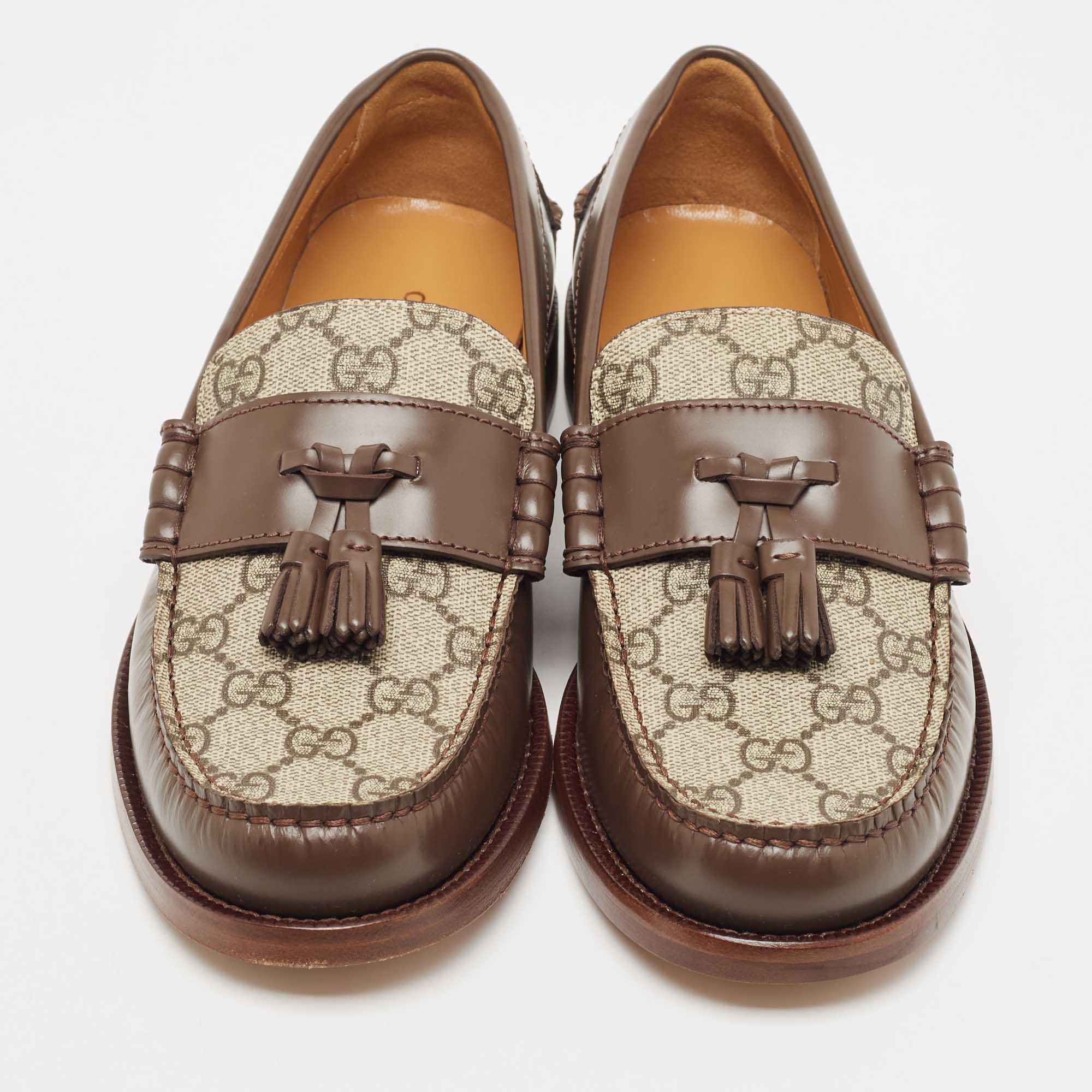 Gucci Beige/Brown GG Supreme Canvas And Leather Tassel Loafers Size 38