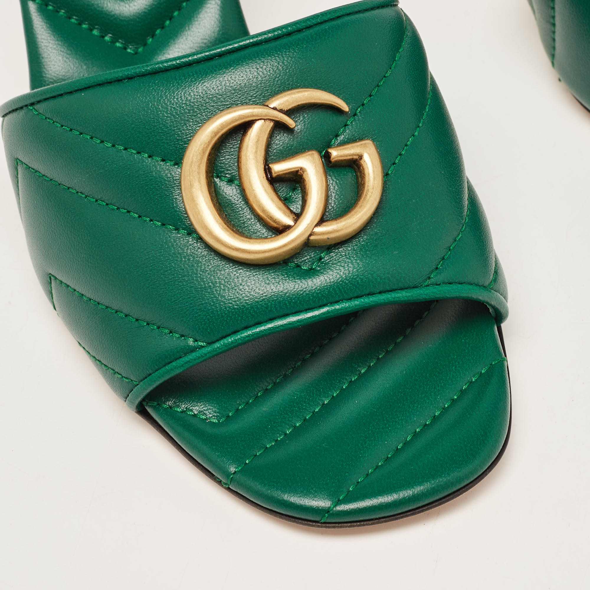 Gucci Green Matelassé Leather Double G Slide Sandals Size 39
