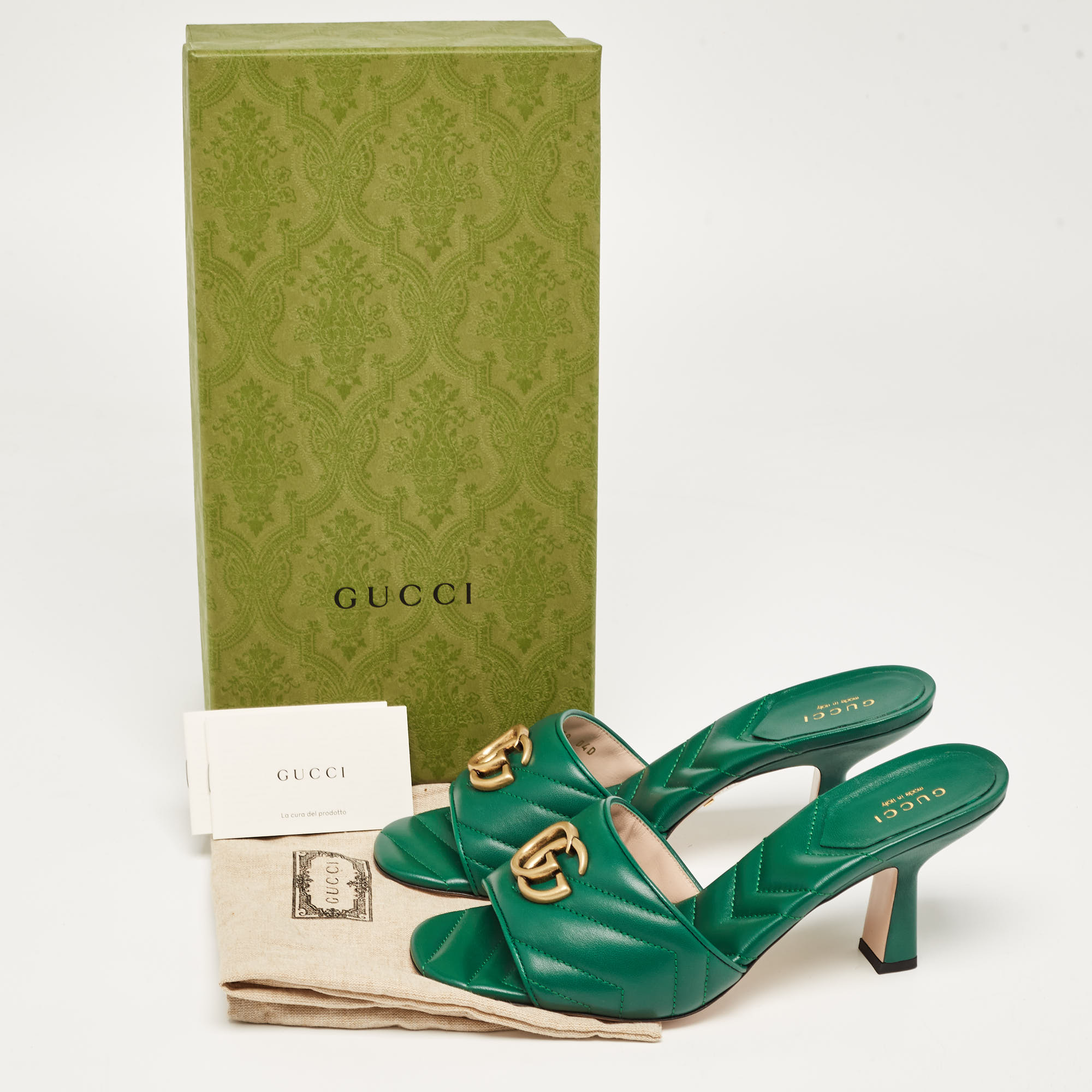 Gucci Green Matelassé Leather Double G Slide Sandals Size 39