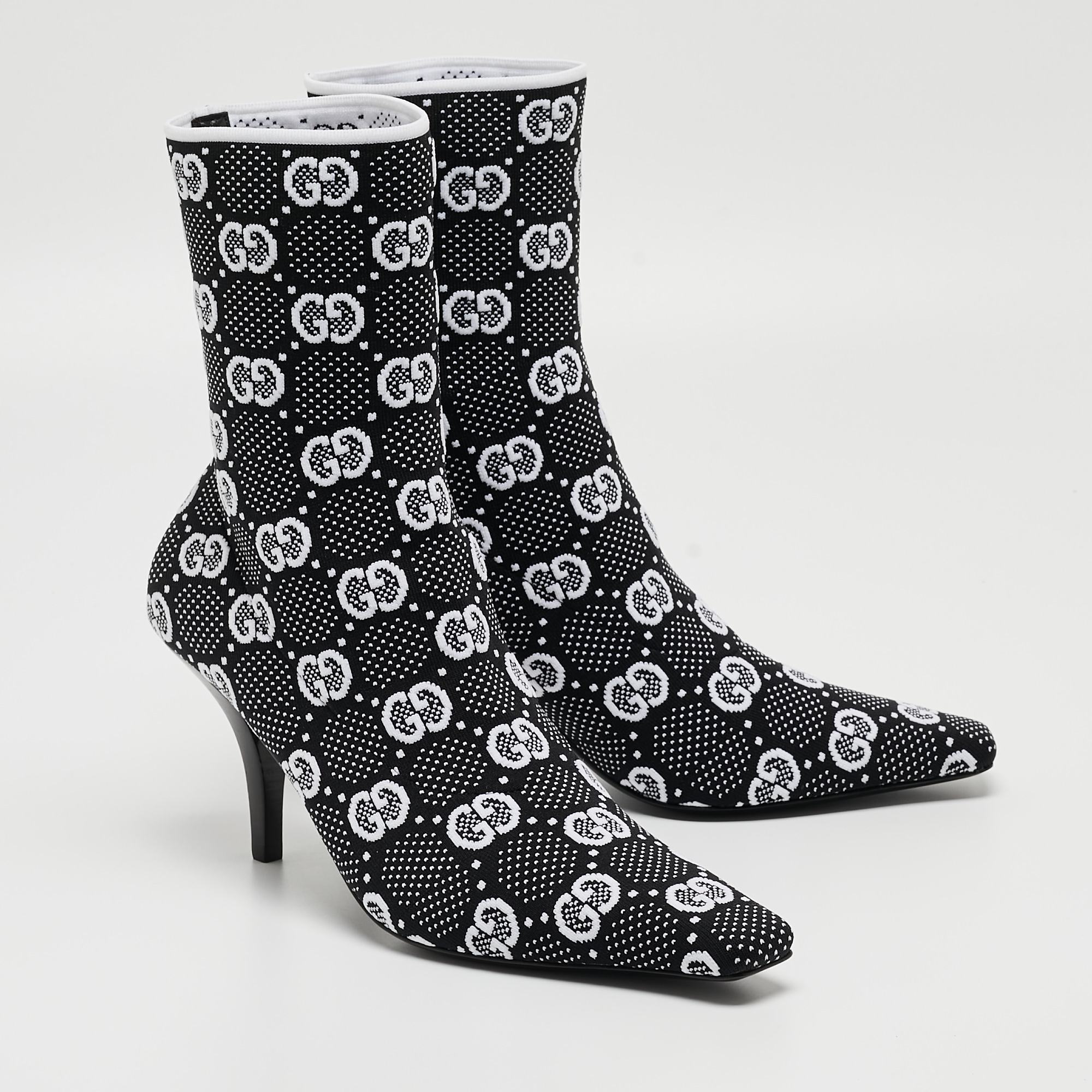 Gucci Black/White GG Knit Fabric Sock Ankle Boots Size 39