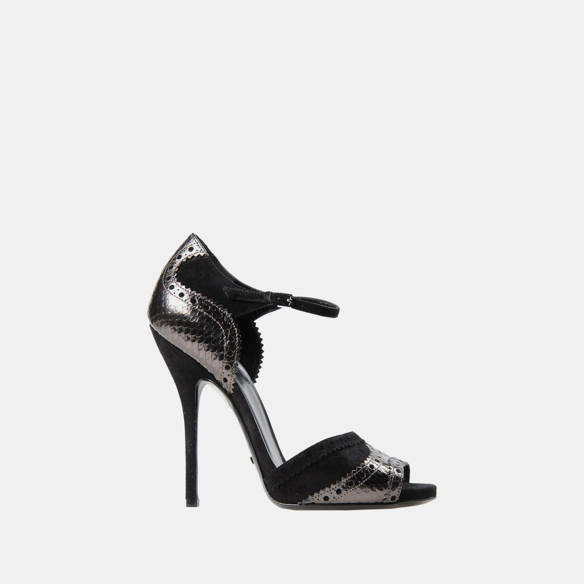 Gucci black/metallic suede and snakeskin ankle strap sandals size 38.5