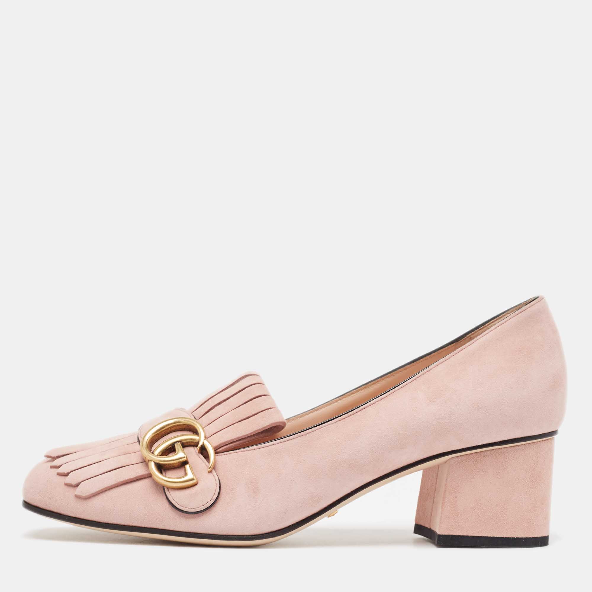 Gucci pink suede double g block heel pumps size 39.5