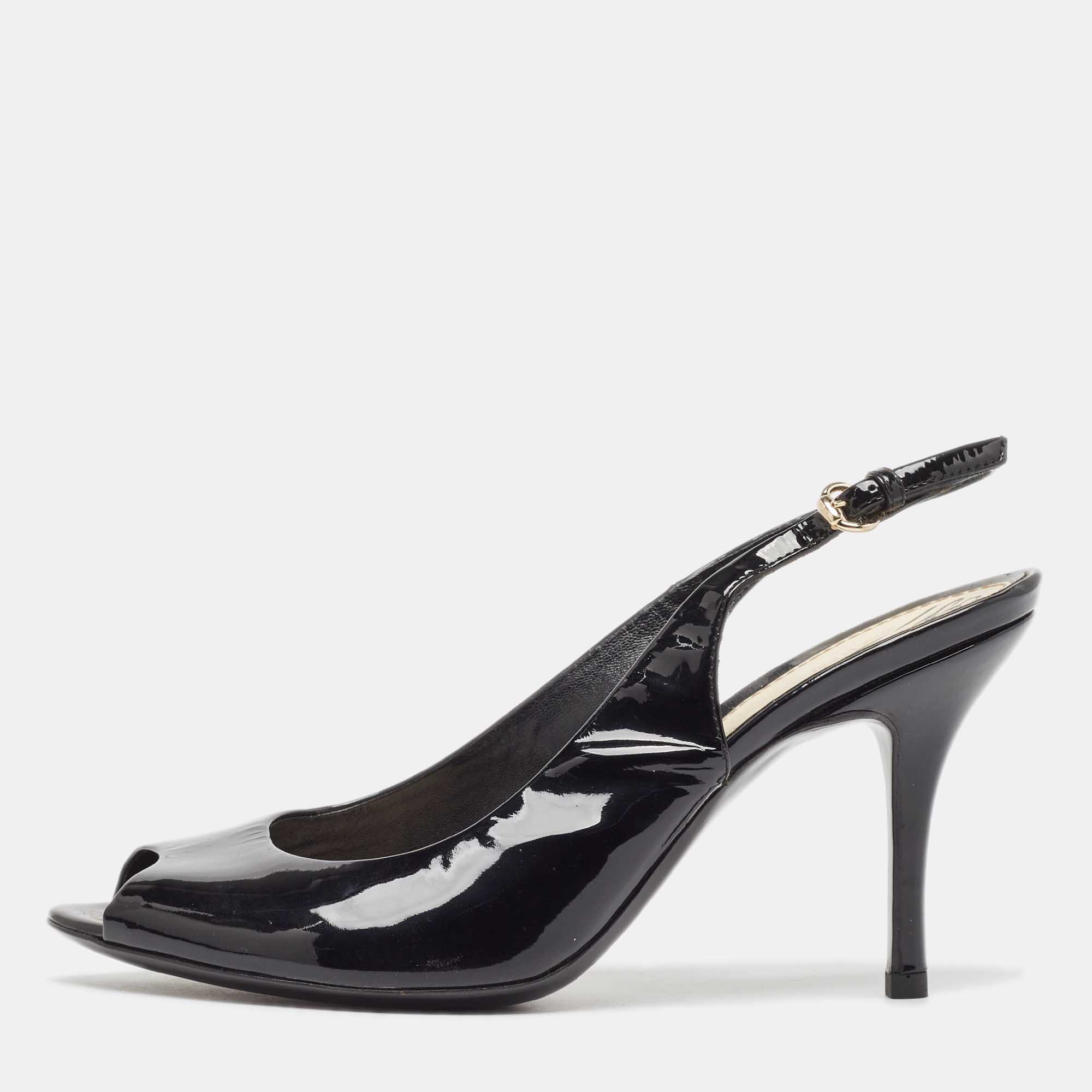 Gucci black patent peep toe slingback pumps size 36.5