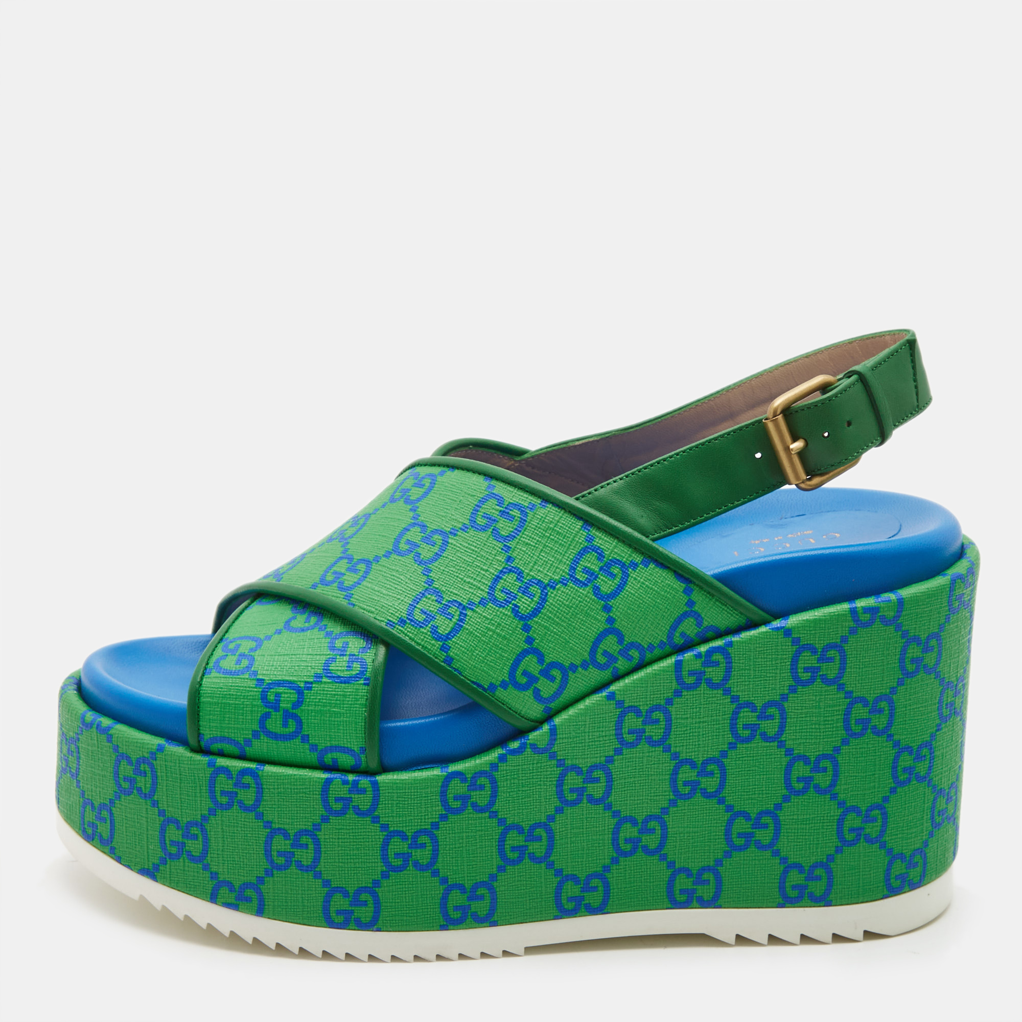 Gucci green/blue gg supreme canvas platform sandals size 39.5