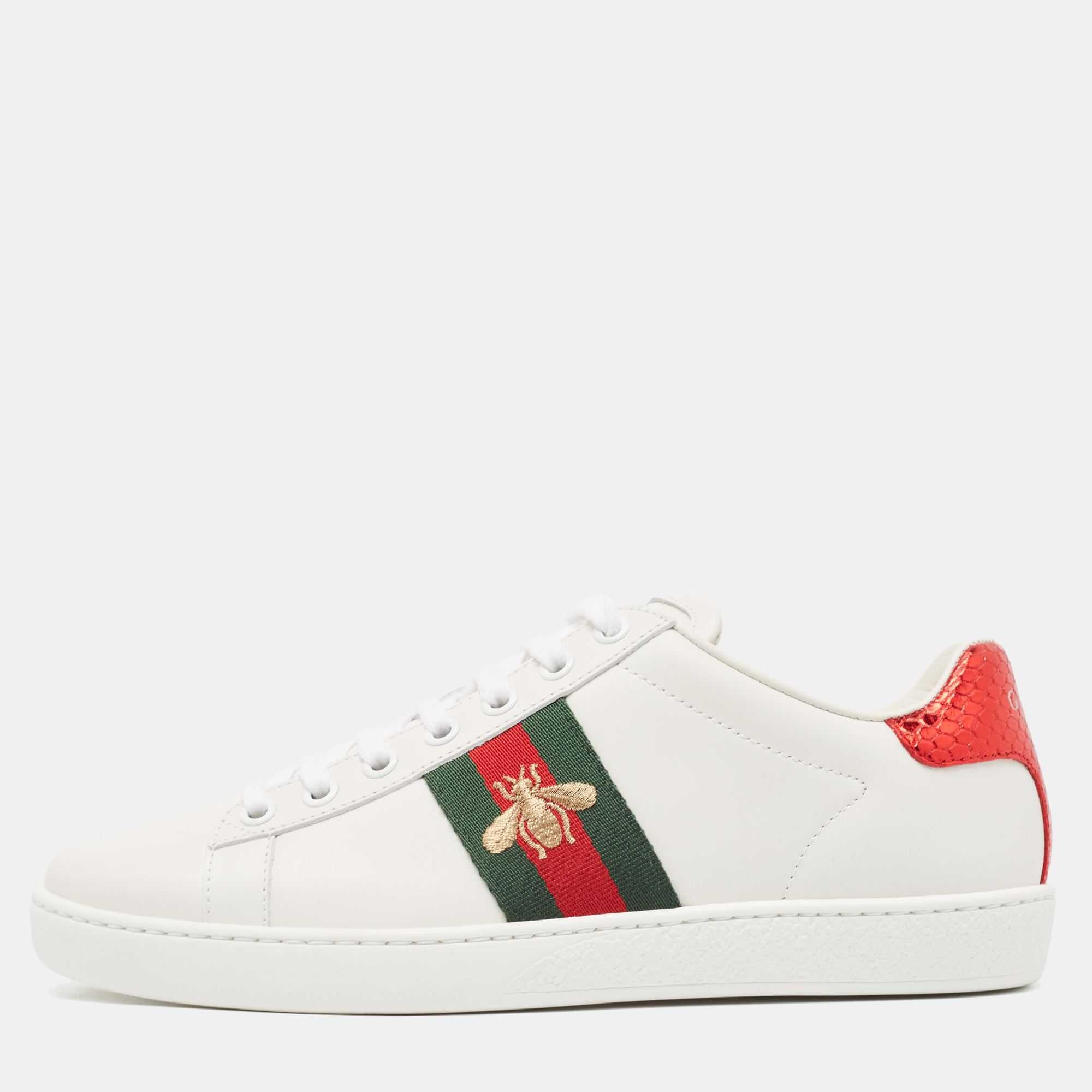 Gucci white leather bee embroidered ace sneakers size 37