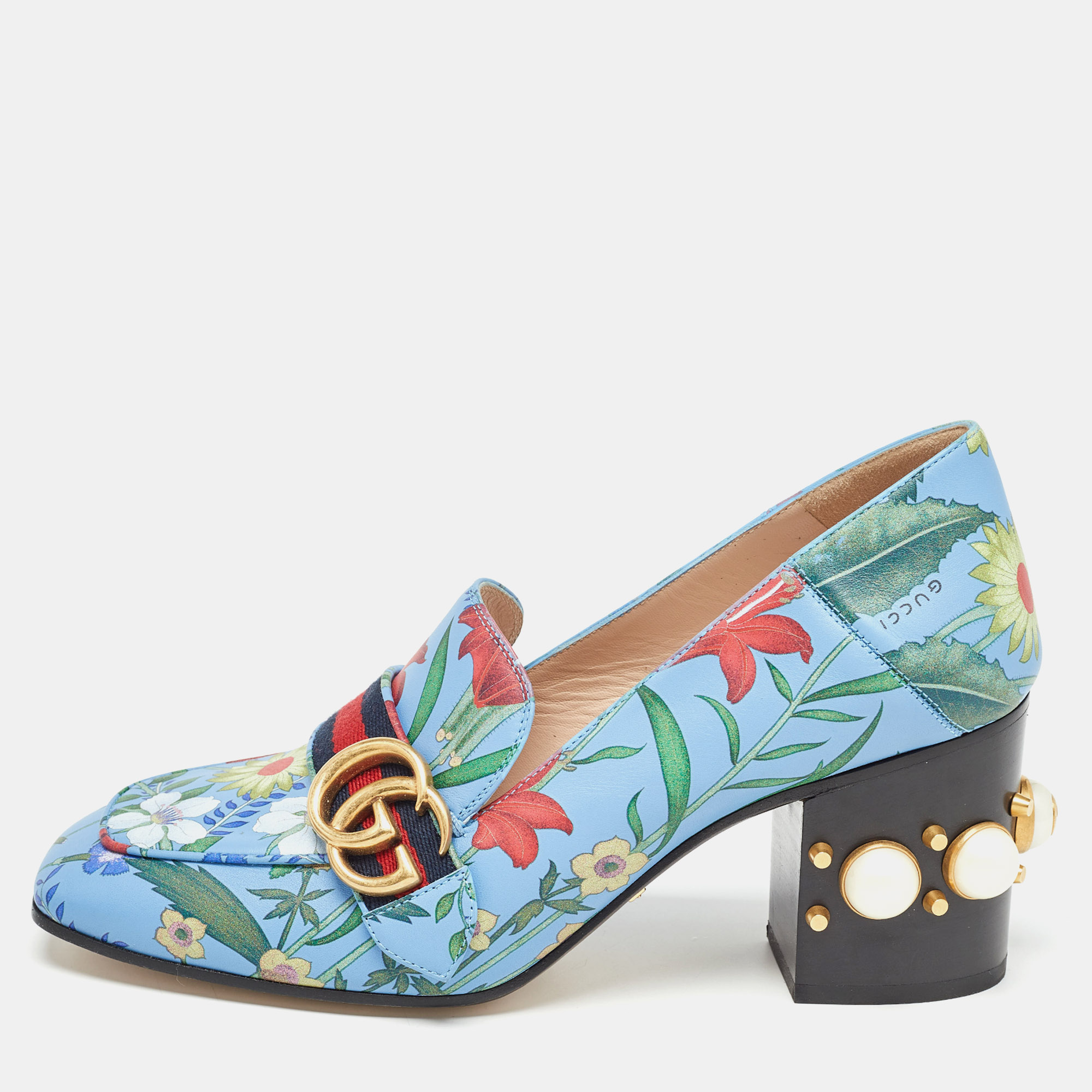 Gucci blue floral print leather gg marmont loafer pumps size 38.5