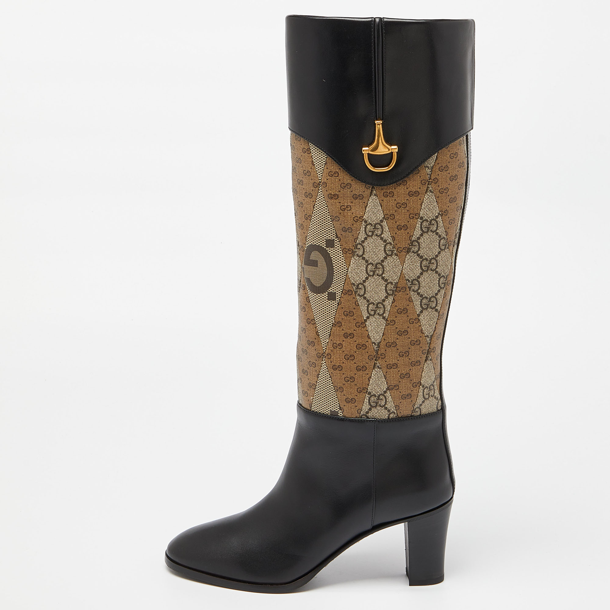 Gucci black/beige jumbo gg supreme canvas and leather horsebit knee length boots size 38