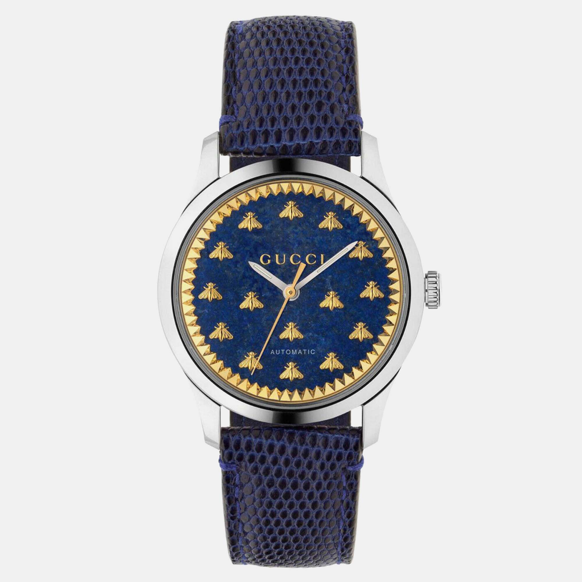 Gucci g-timeless blue lapiz & gold bee motif automatic unisex watch 42 mm