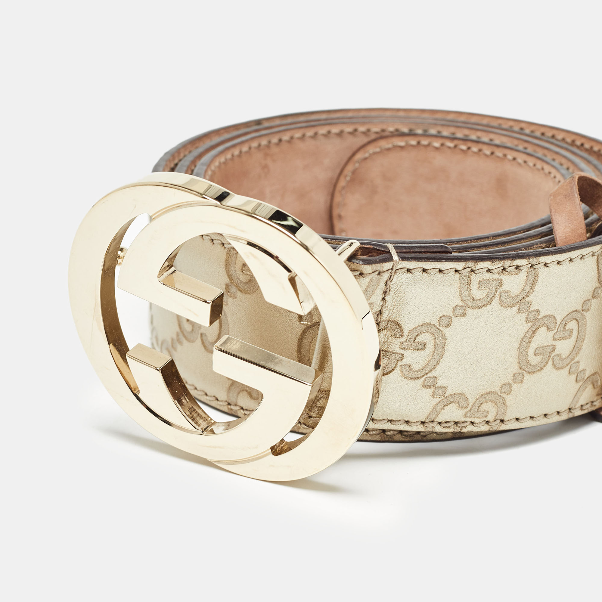 Gucci Gold Guccissima Leather Interlocking G Buckle Belt 95 CM