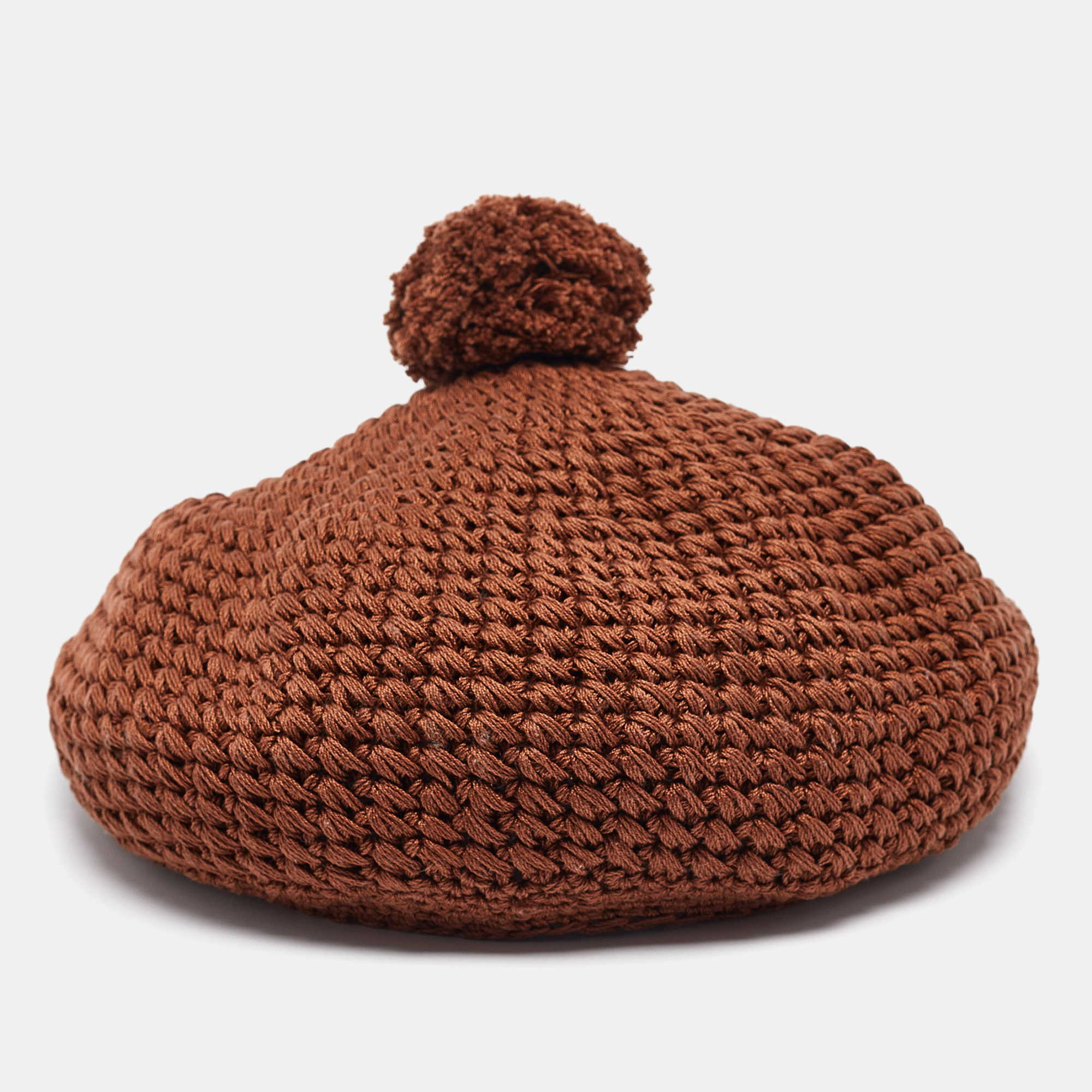 Gucci Brown Crochet Knit Pom-Pom Beret Cap M