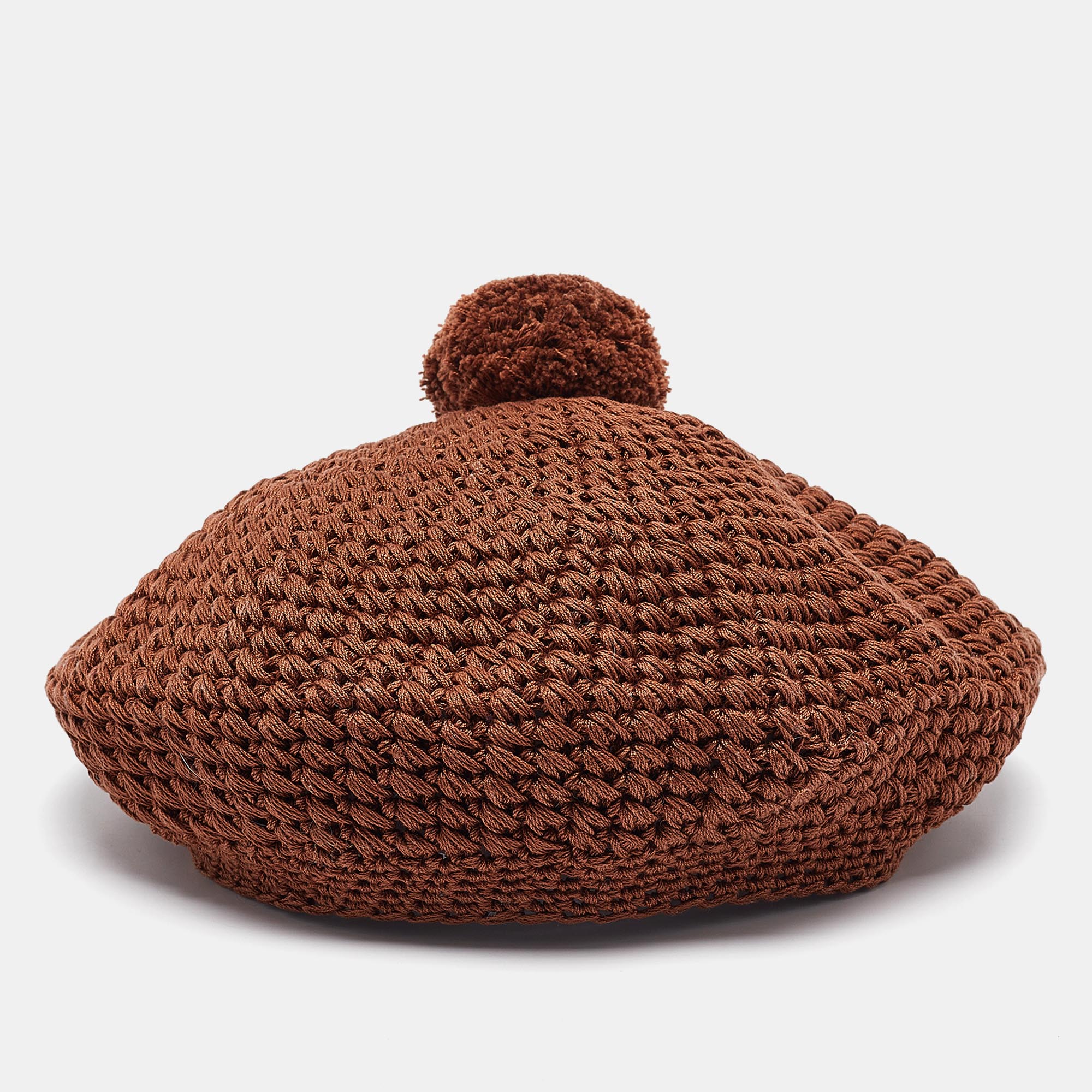 Gucci Brown Crochet Knit Pom-Pom Beret Cap M