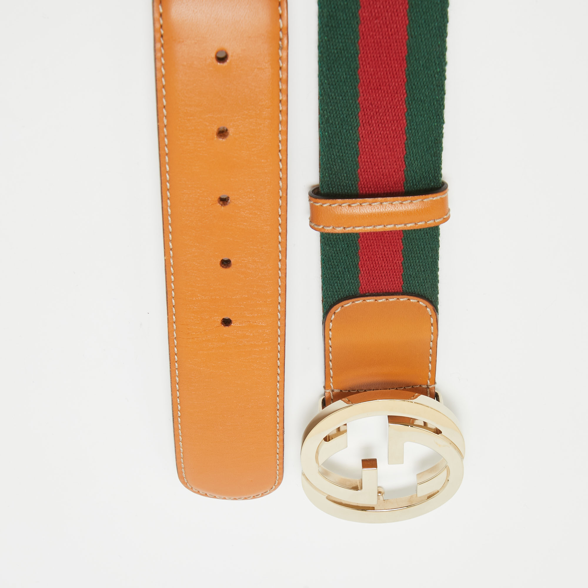 Gucci Tan Leather And Web Canvas Interlocking G Buckle Belt 95 CM