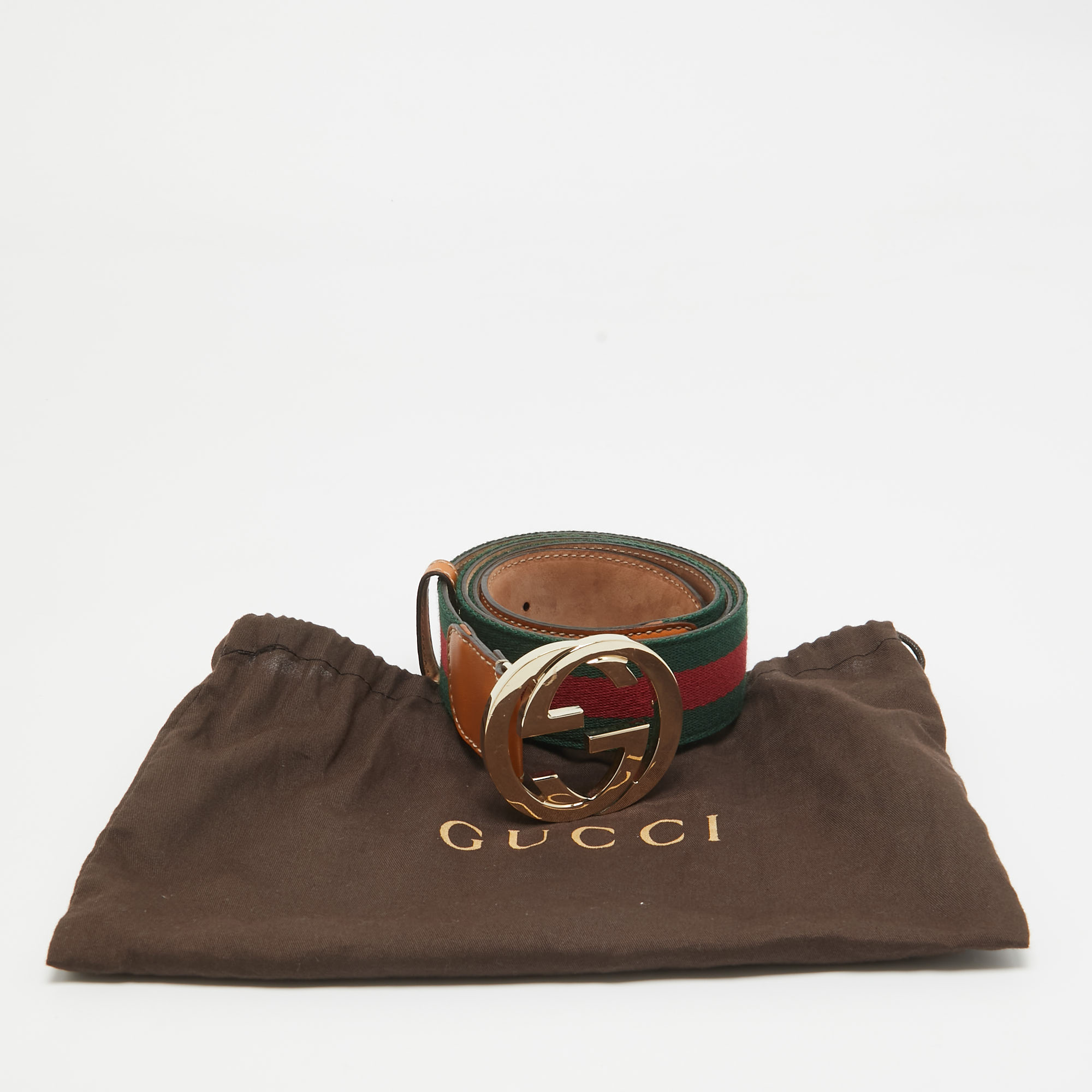 Gucci Tan Leather And Web Canvas Interlocking G Buckle Belt 95 CM