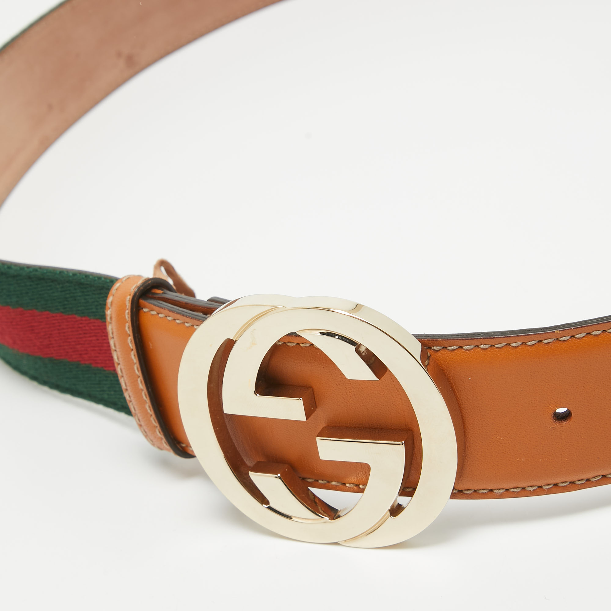 Gucci Tan Leather And Web Canvas Interlocking G Buckle Belt 95 CM