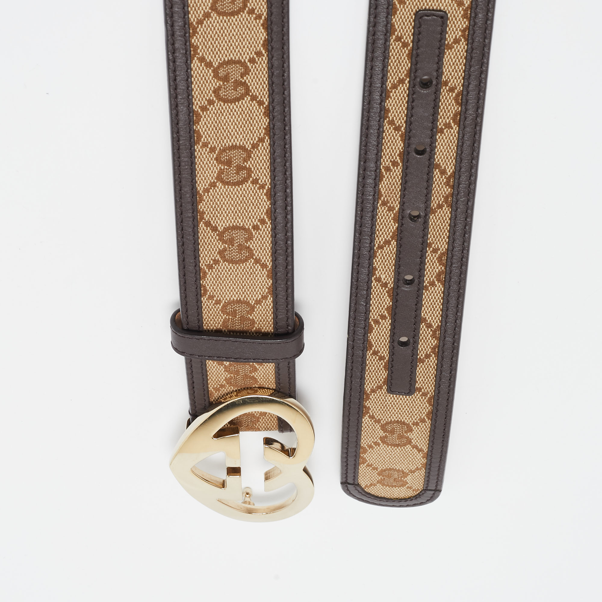 Gucci Beige/Brown GG Canvas And Leather Lovely Heart Buckle Belt 100 CM