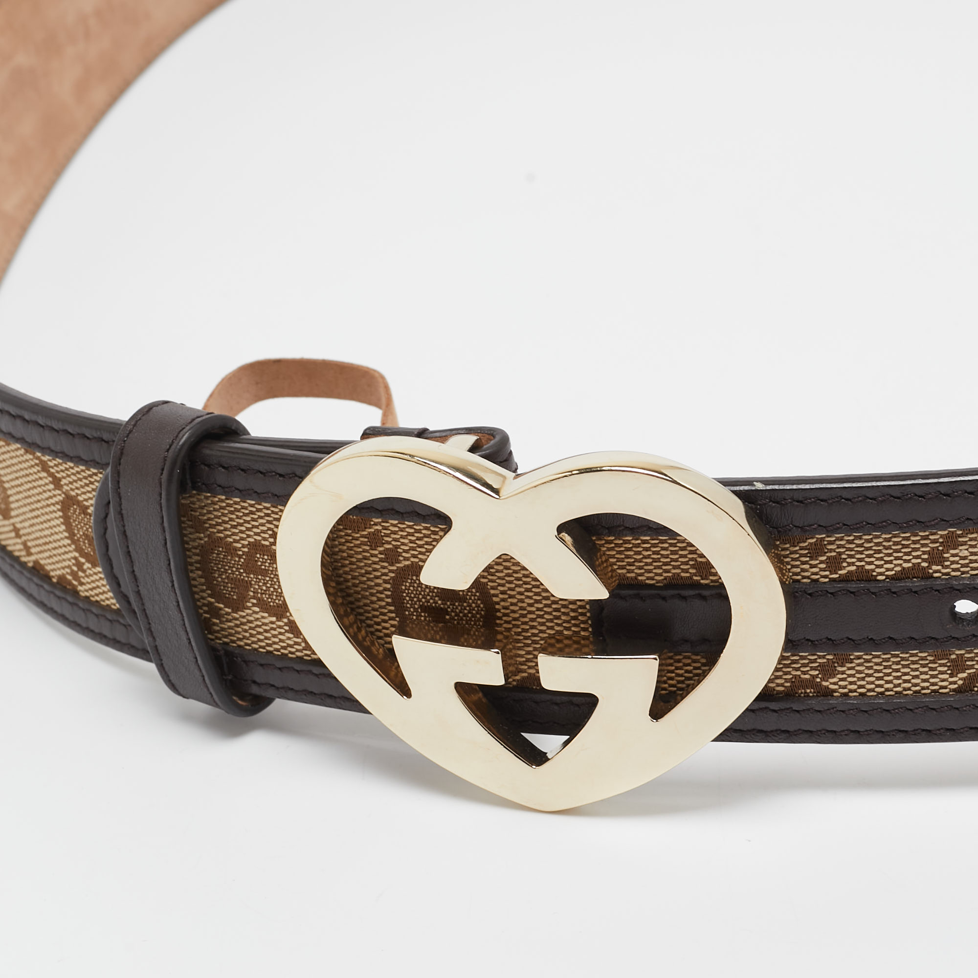 Gucci Beige/Brown GG Canvas And Leather Lovely Heart Buckle Belt 100 CM