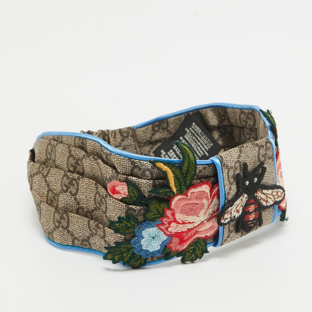 Gucci Brown Guccissima Bee & Floral Appliqué Silk Headband