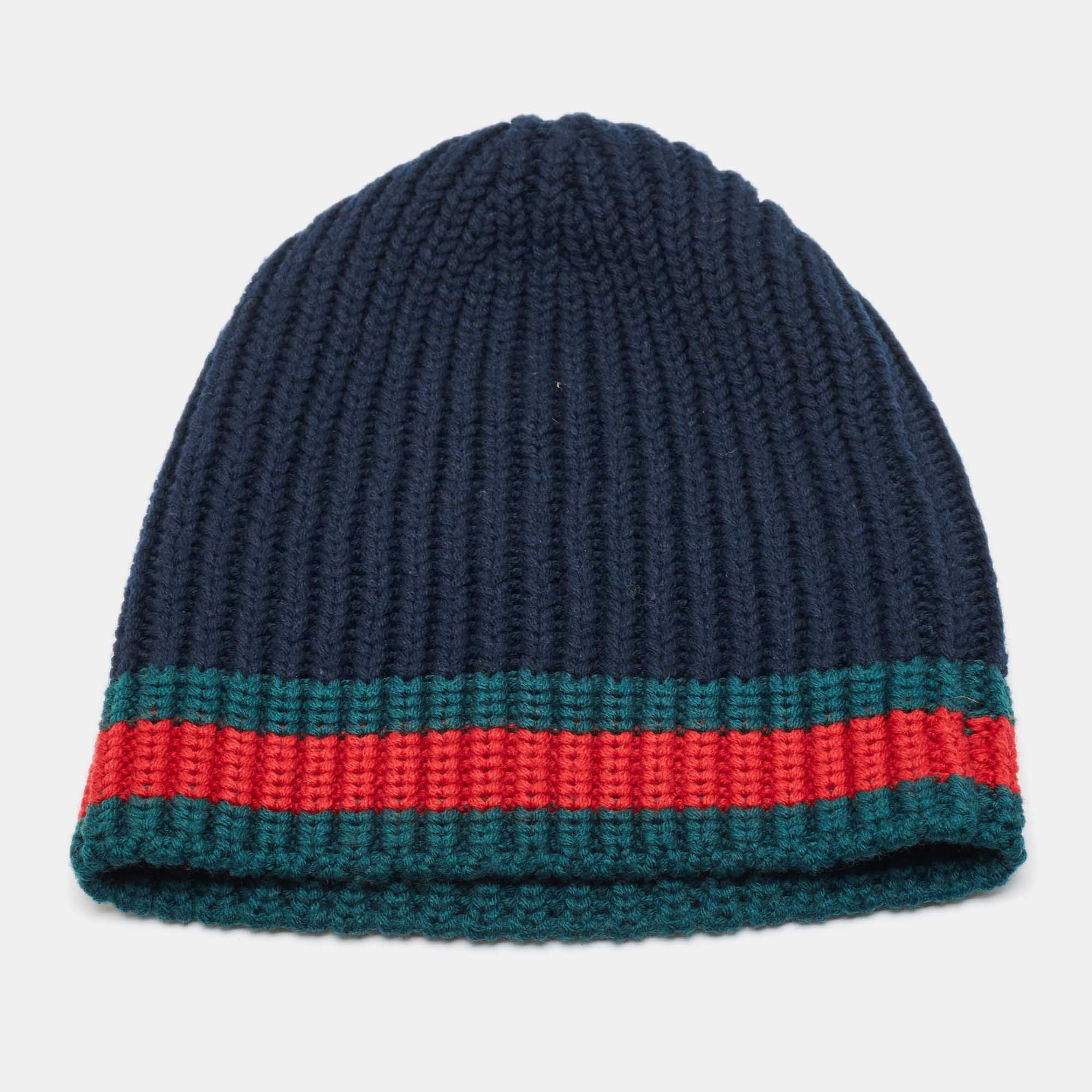 Gucci Black Web Rib Knit Wool Beanie M