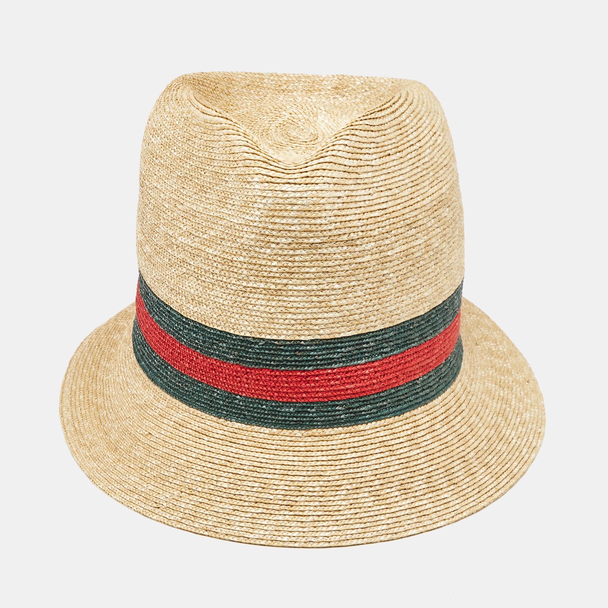 Gucci Brown Web Straw Fedora Hat