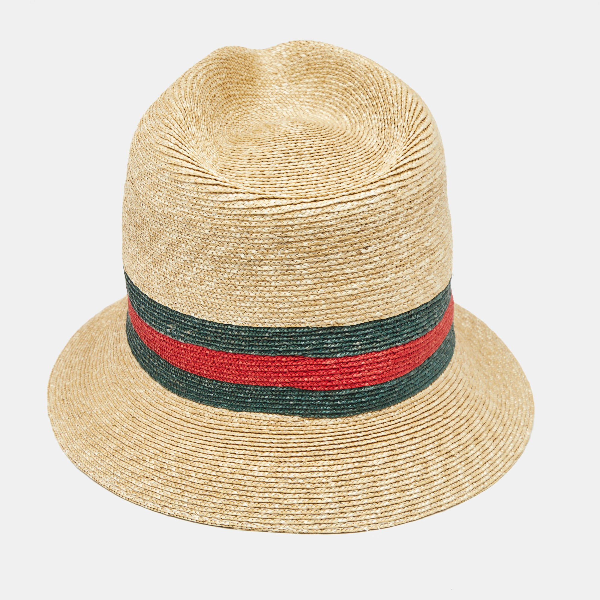 Gucci Brown Web Straw Fedora Hat