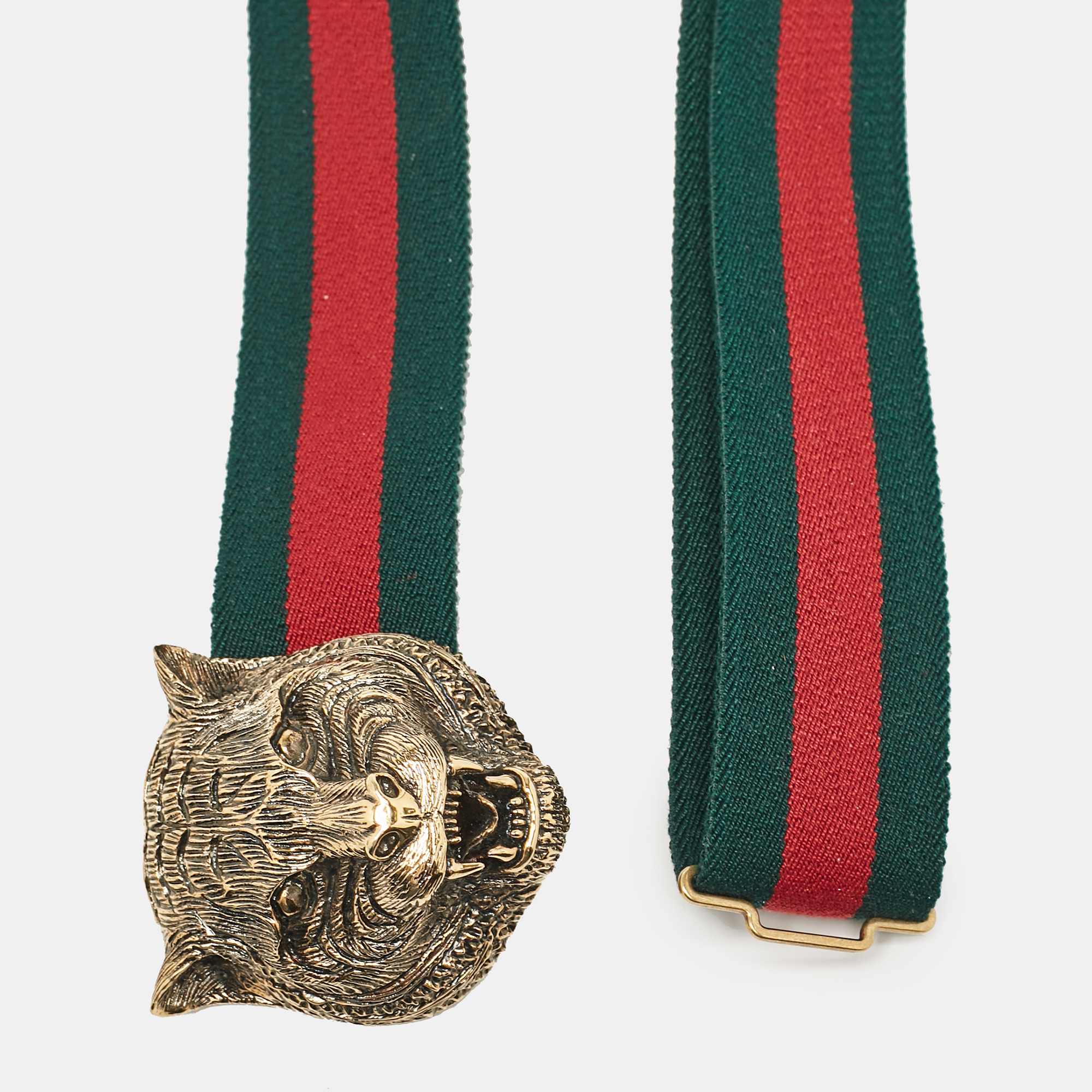 Gucci Green/Red Web Canvas Feline Buckle Belt 90 CM