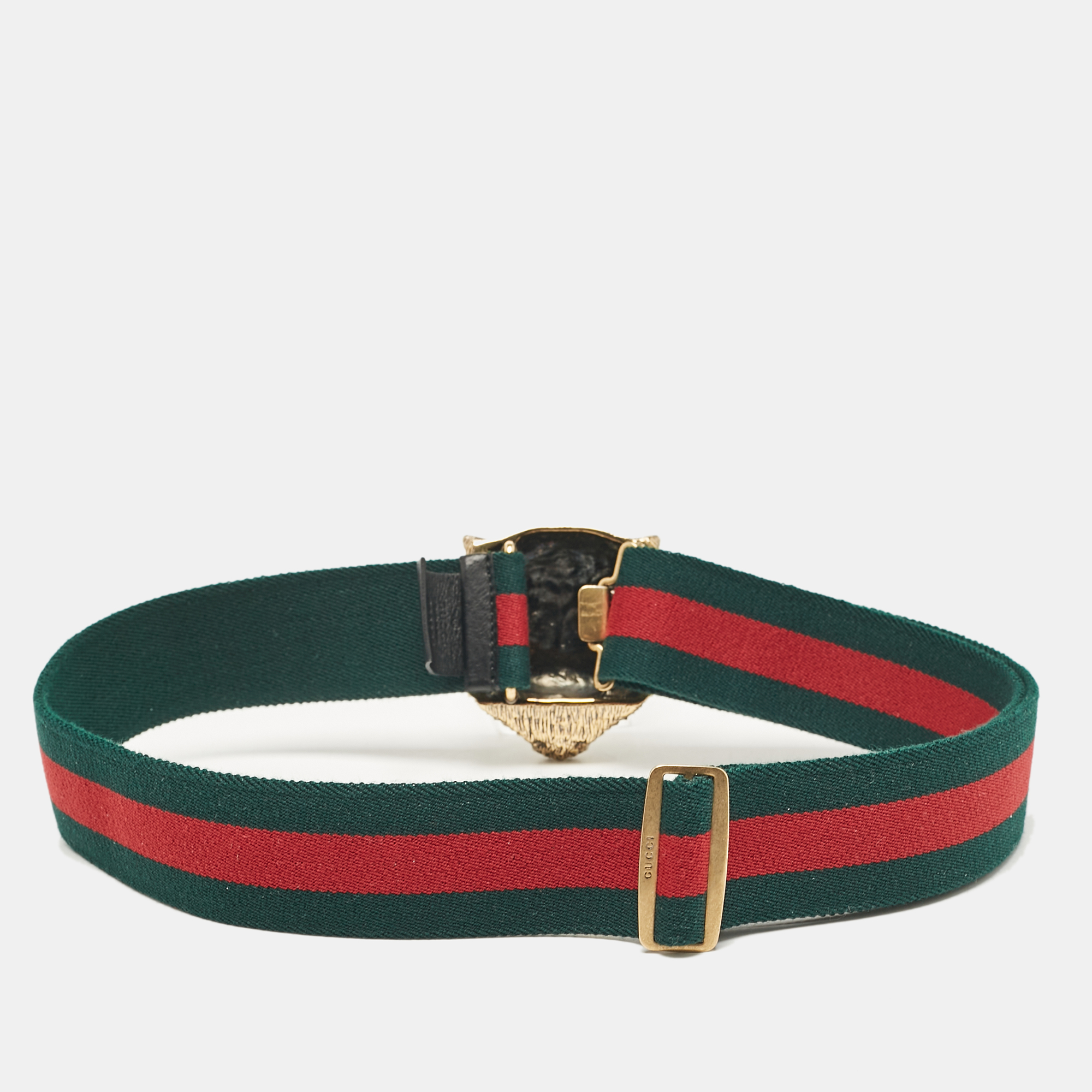 Gucci Green/Red Web Canvas Feline Buckle Belt 90 CM