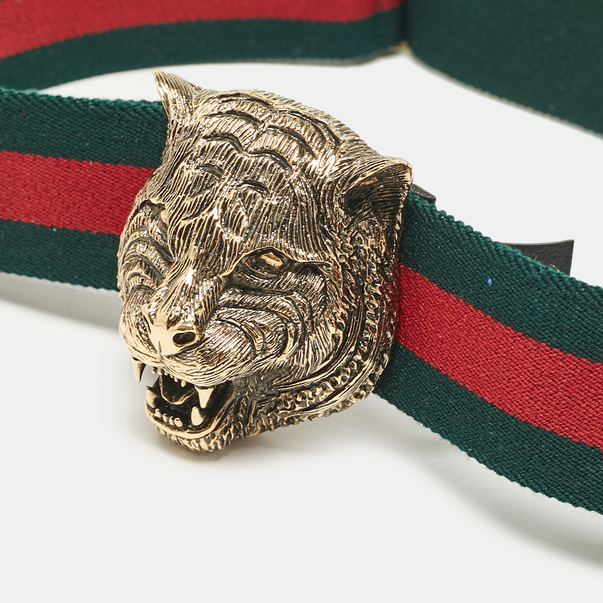 Gucci Green/Red Web Canvas Feline Buckle Belt 90 CM